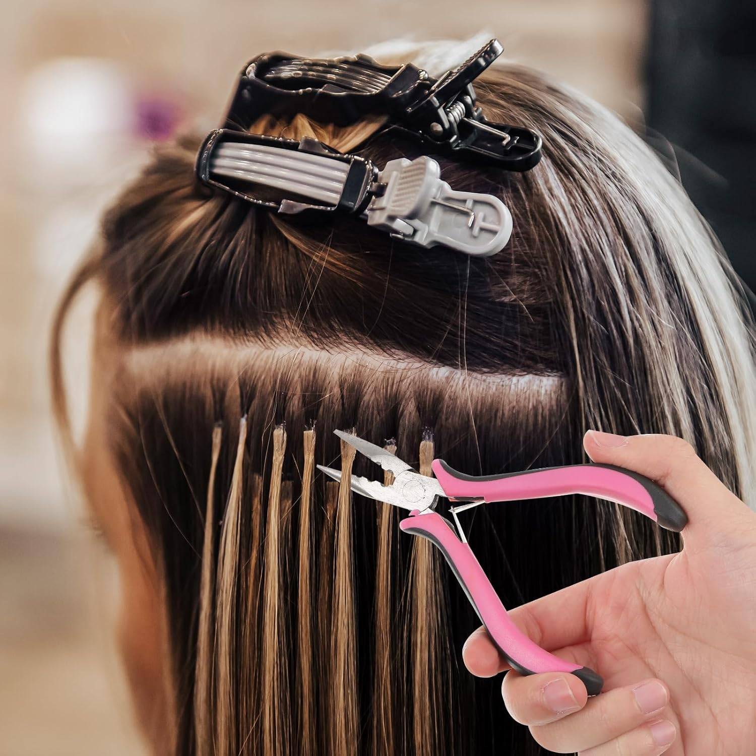 3 Holes Hair Extension Pliers Mini Plier for Micro Nano Ring Hair Extensions Opener and Removal Tool, Pink image number 4