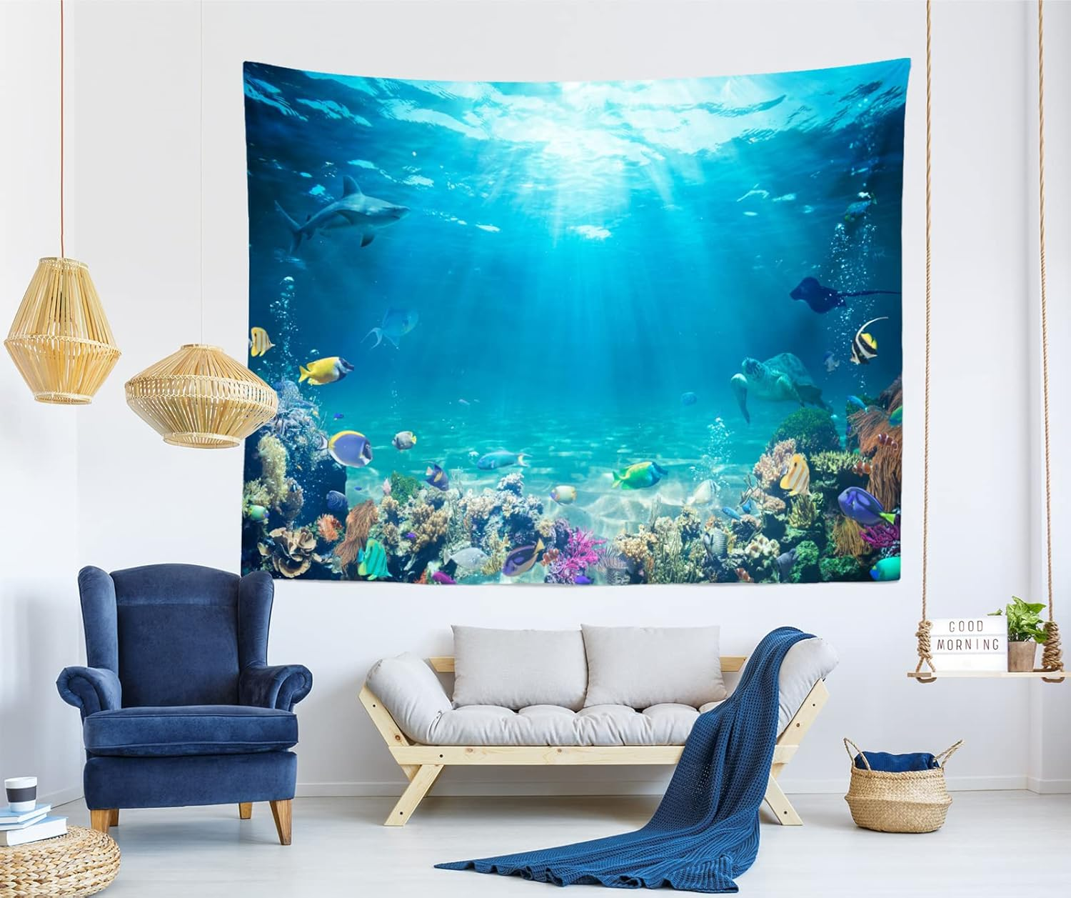 Loccor Underwater World Tapestry Blue Ocean Wall Hanging under the Sea Coral Reef Wall Tapestry 118X78 Inches Tropical Fish Tank Undersea Tapestries Marine Wall Art for Bedroom Living Room Dorm Decor image number 6