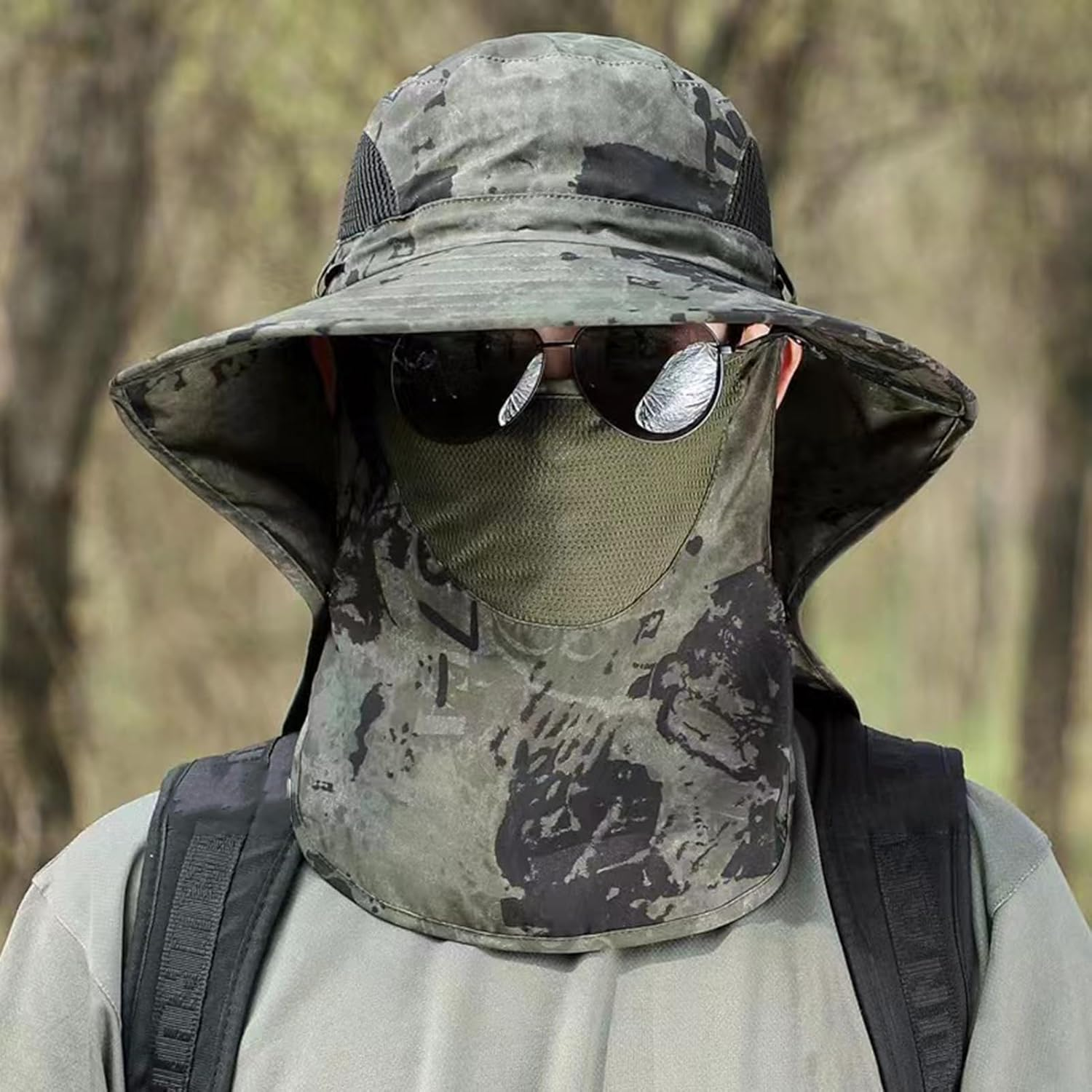 Face Cover Sun Hat,Fishing Hat with Face Cover and Neck Flap - Detachable UPF50+ Cap for Men & Women, Hiking Fishing Backpacking Outdoor Army Green image number 1