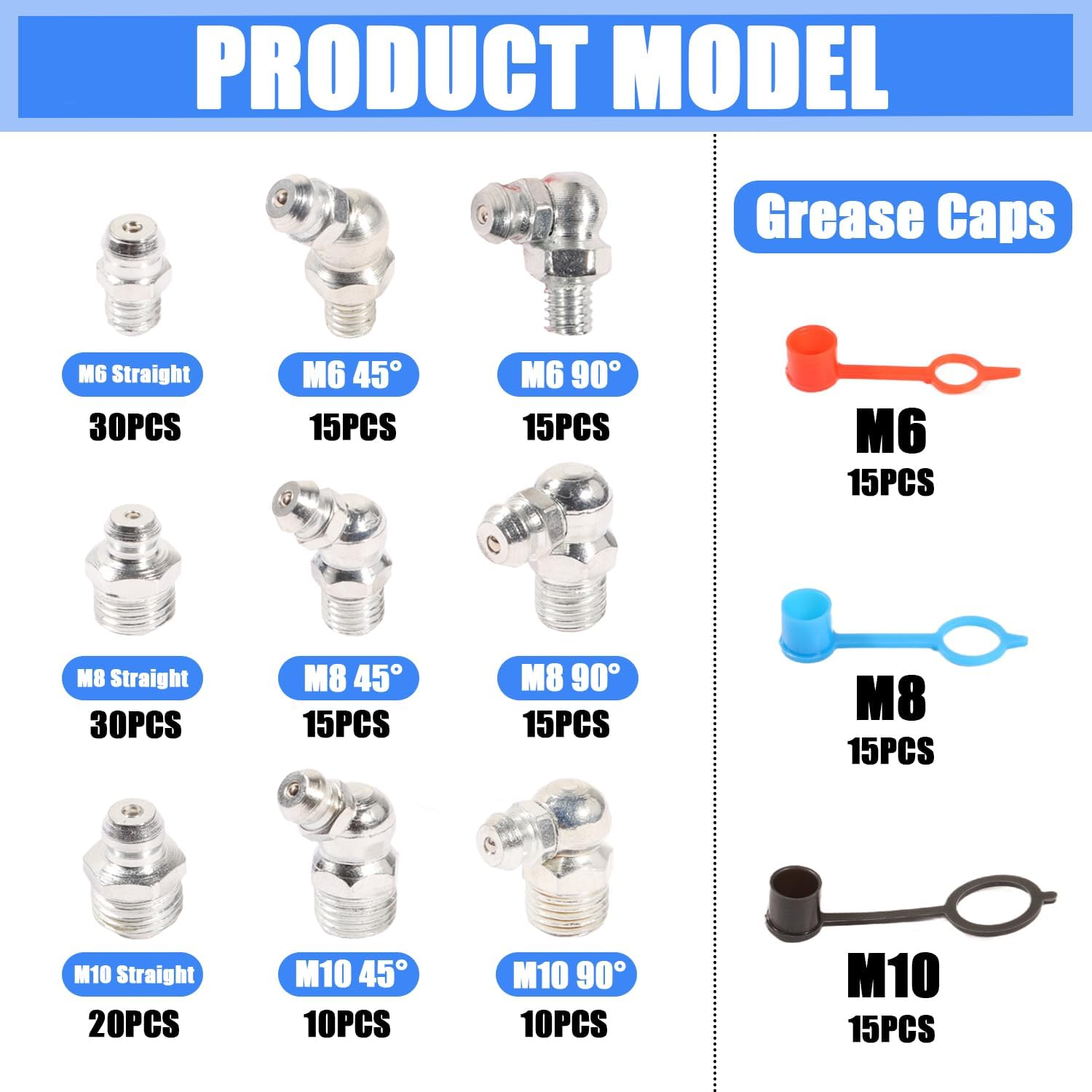 Grease Fitting Kit, M6 M8 M10 Metric Hydraulic Grease Zerks with Straight Head 45&deg; 90&deg; Angled Heads and Plastic Caps, for Automotive Industrial Lubrication image number 1