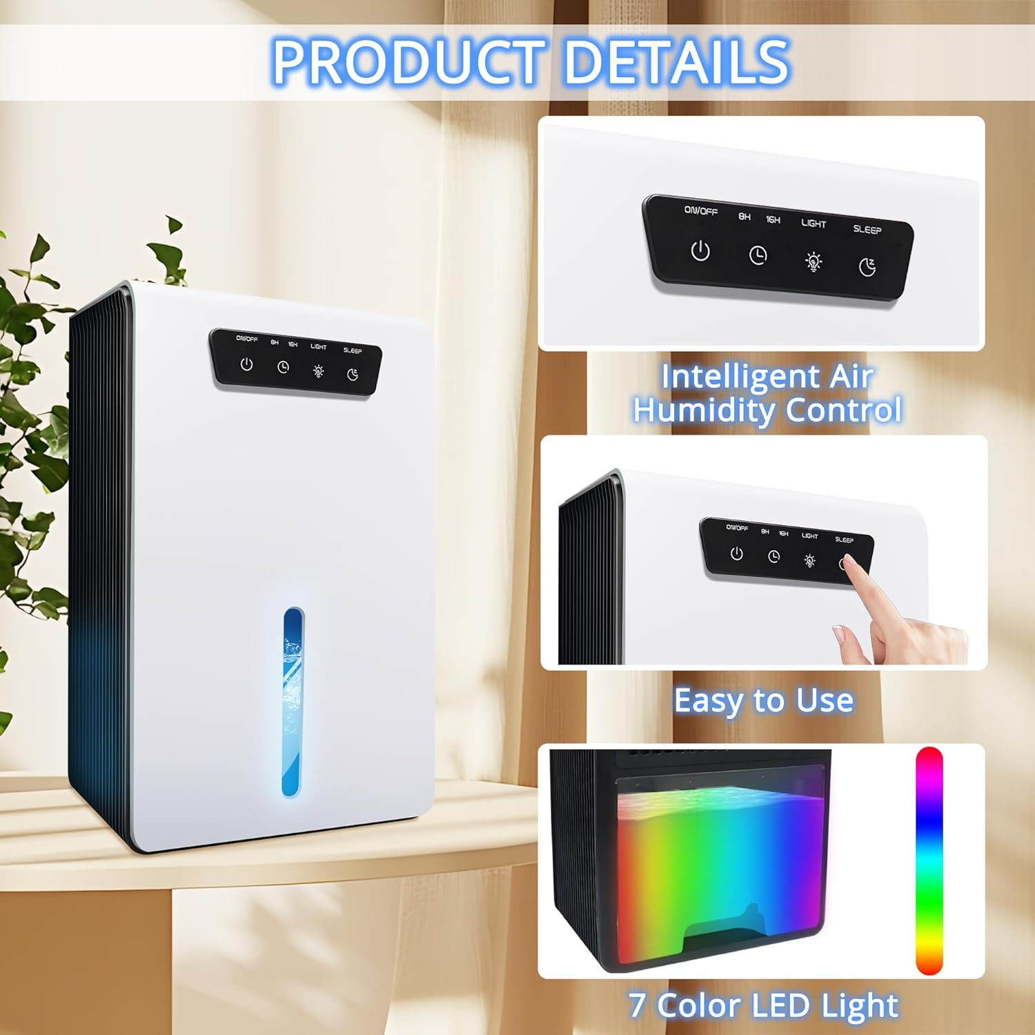 3200Ml Dehumidifier, 2 Working Modes Quiet Energy Saving Portable Dehumidifiers, 8/16/24H Sleep Timer, 7 Colors LED, Auto-Off, Dehumidifiers for Home up to 25㎡ for Bedroom Bathroom Basements Closet RV image number 5