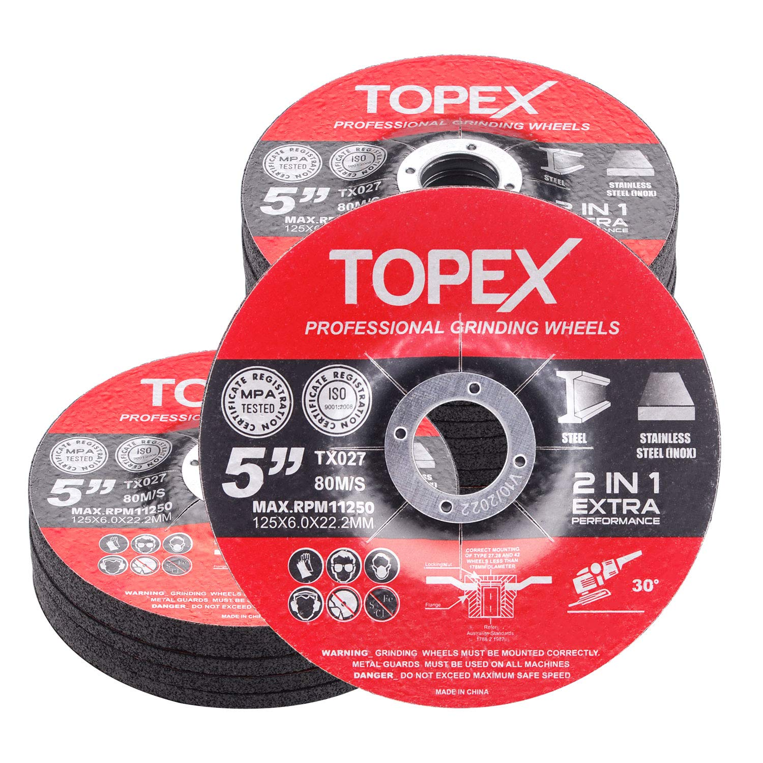 TOPEX 25PCS 125X 6.0 X 22.23Mm Grinding Discs Wheels Steel Inbox Angle Grinder