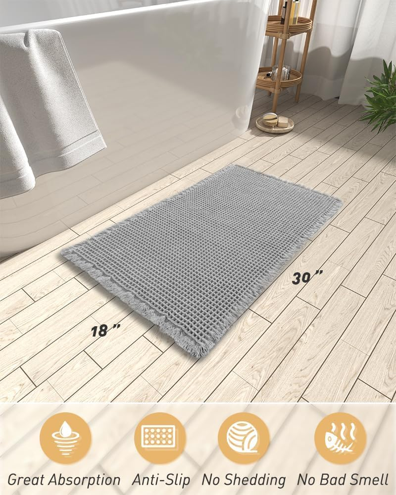 Upgraded Waffle Bath Mat 18" X 30", Super Absorbent Washable Non Slip Bath Rug Mats for Bathroom Floor, Extra Soft anti Slip Bath Room Mat with Tassels for Tub, Sink, Toilet, Quick Dry, Light Grey image number 5