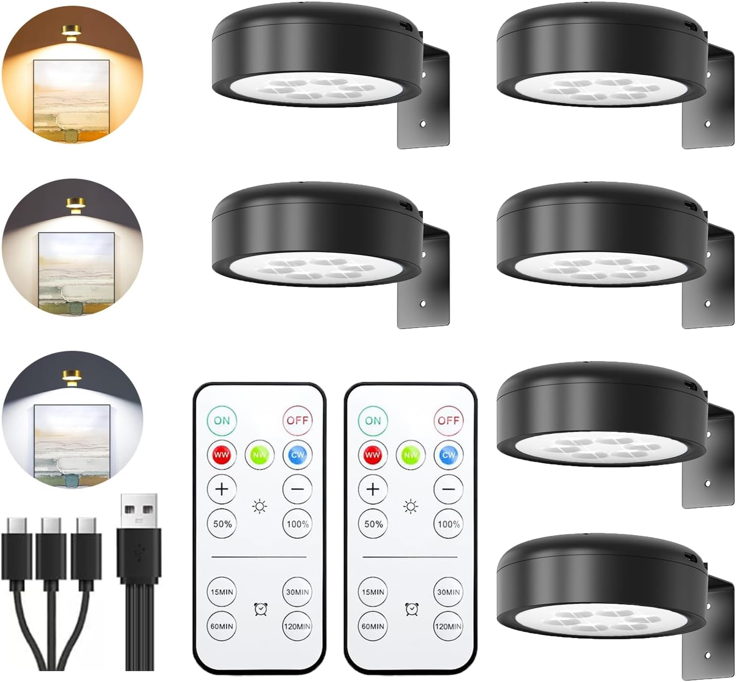 6Pcs Picture Lights with Remote Control, 2000Mah Rechargeable Poster Lights, 3 Color Dimmable Magnetic Wall Lamp with Timer, Decorative Lights for Art Display, Photo Frame and Art Portrait (Black)