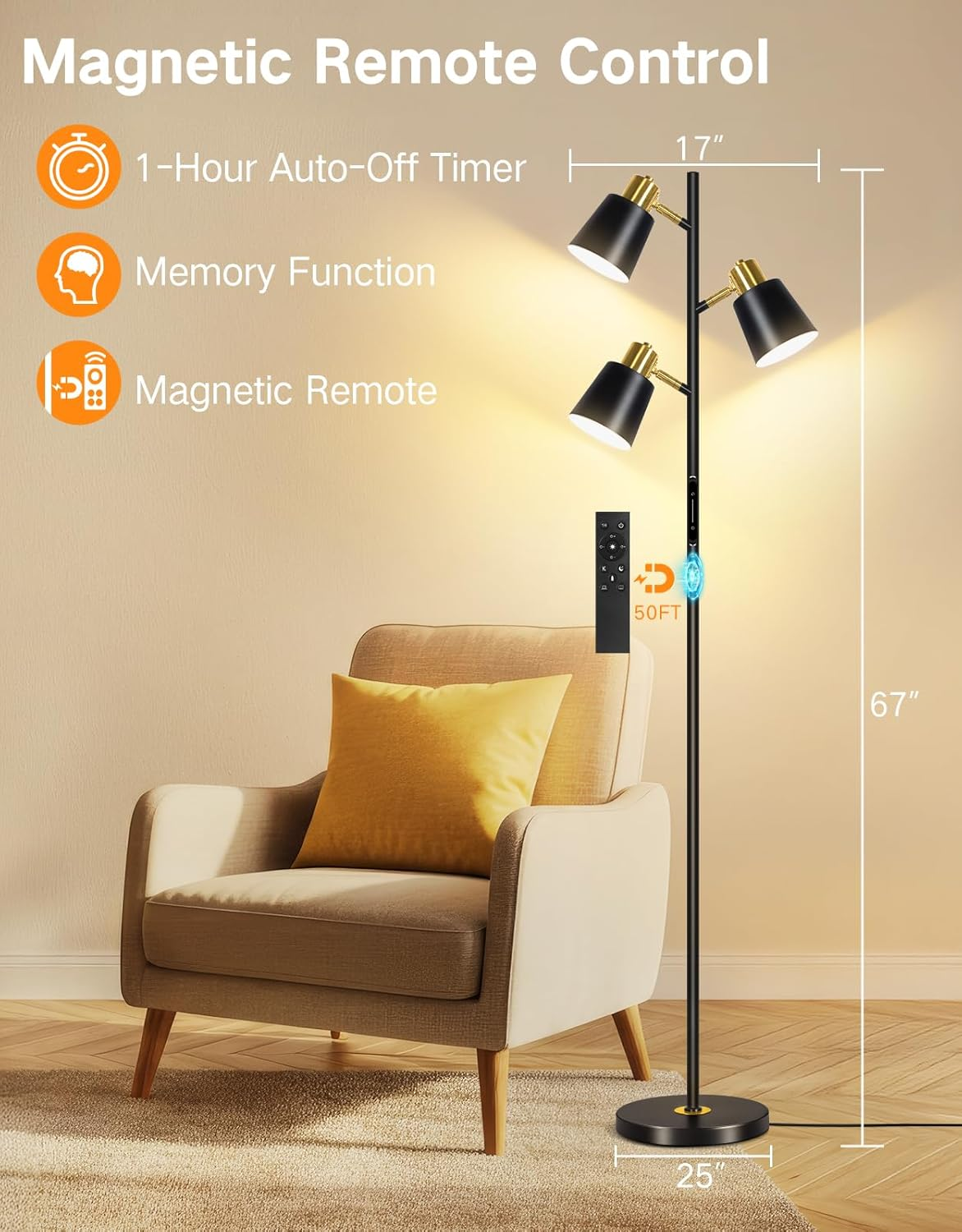OUTON LED Tree Floor Lamp, Modern Dimmable Standing Lamp with Remote & Touch Control, 4 Color Temperatures, 3 Rotatable Industrial Floor Lamps for Living Room Bedroom Office, Black image number 6