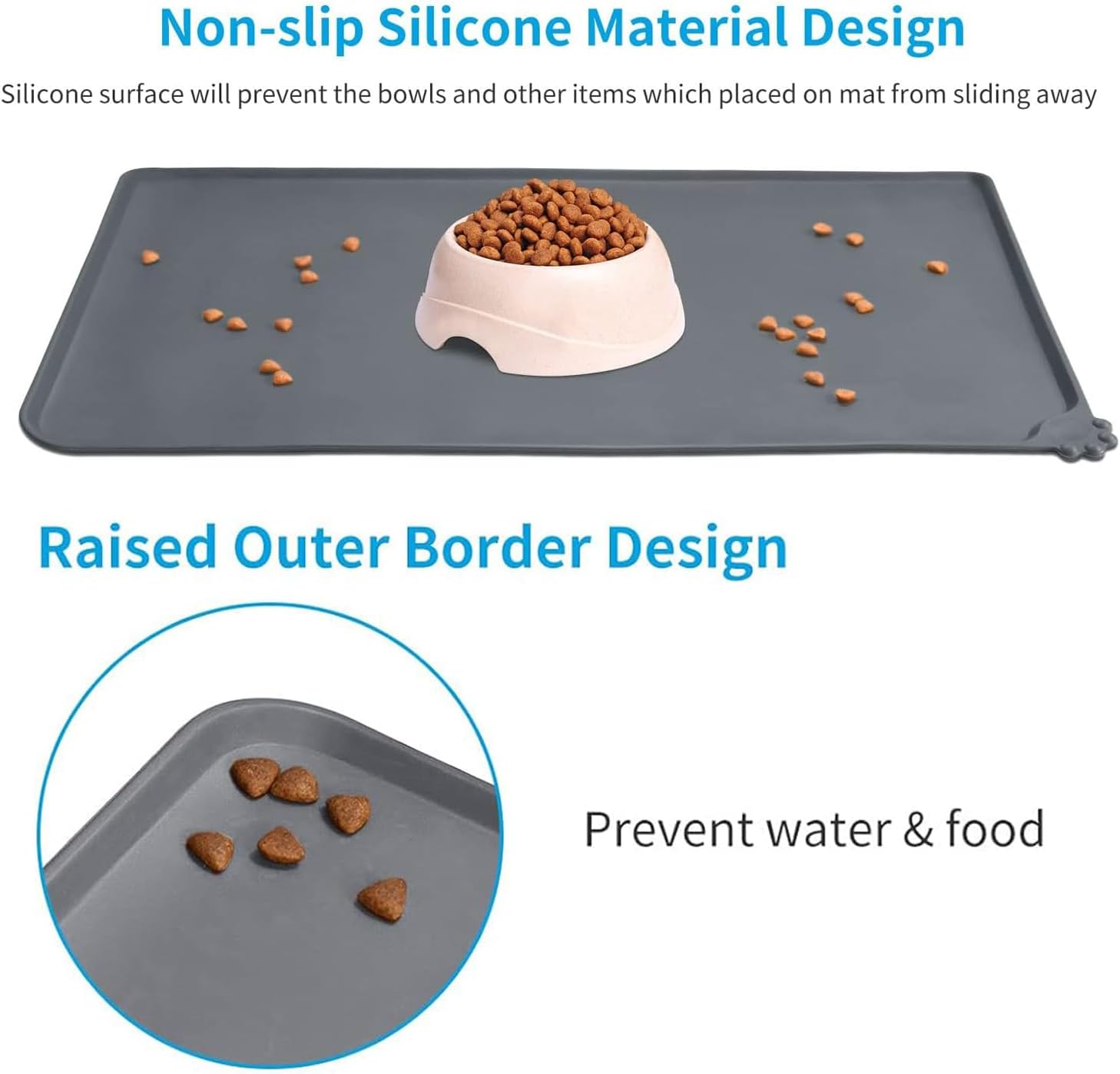 Mumoo Bear Silicone Pet Feeding Mat, Waterproof Dog Cat Food Mat with Raised Edges, Dog Cat Water Bowl Placemats for Food and Water Prevent Spill for Pets-Grey - Grey image number 5