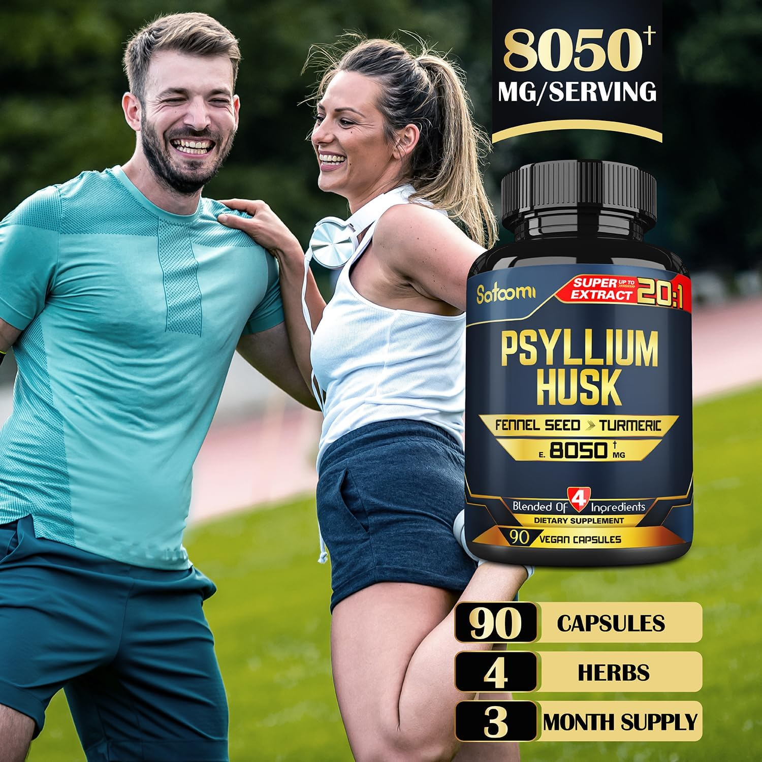 SATOOMI Psyllium Husk Capsules - 4 Powerful Natural Ingredients with Fennel, Turmeric Blend & Black Pepper - 90 Vegan Count for 3 Months image number 6