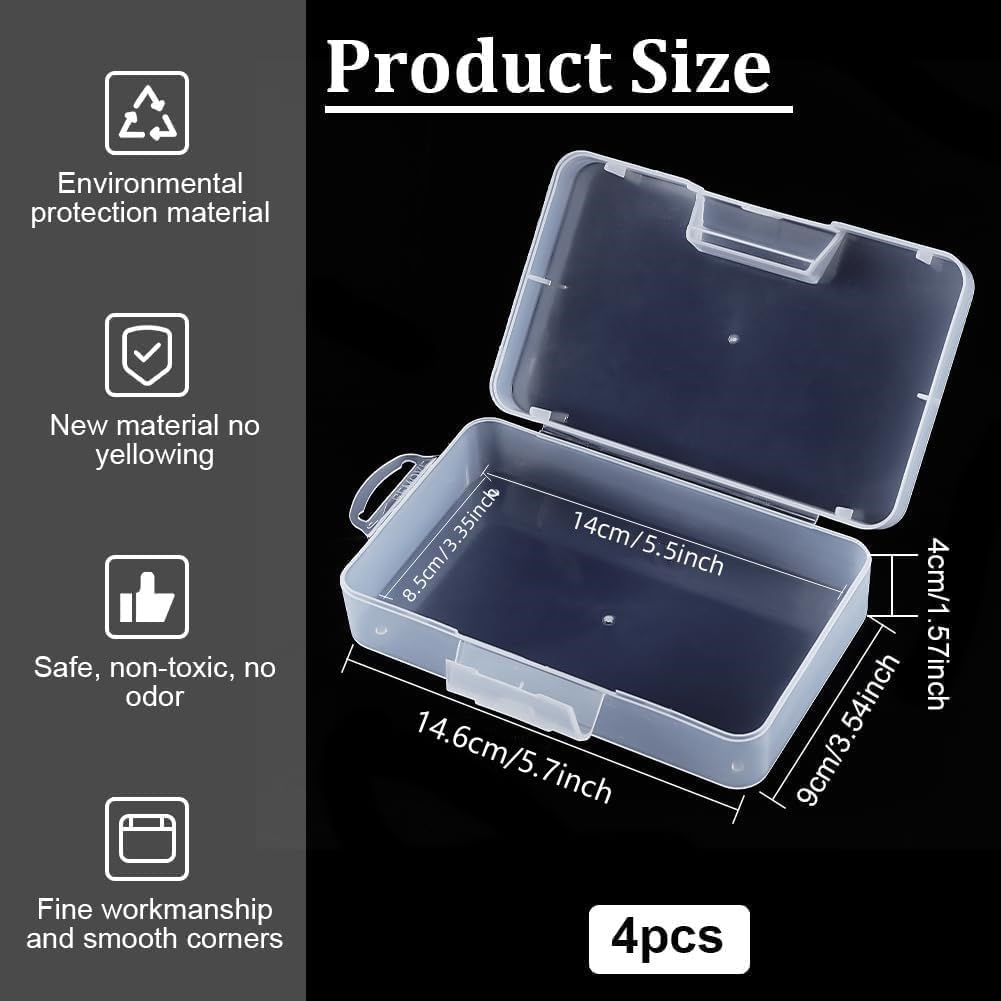 BENECREAT 4 Pack 5.2X3X1.18 Inches Large Clear Plastic Box Container Clear Storage Organizer with Hinged Lid for Small Craft Accessories Office Supplies Clips image number 7