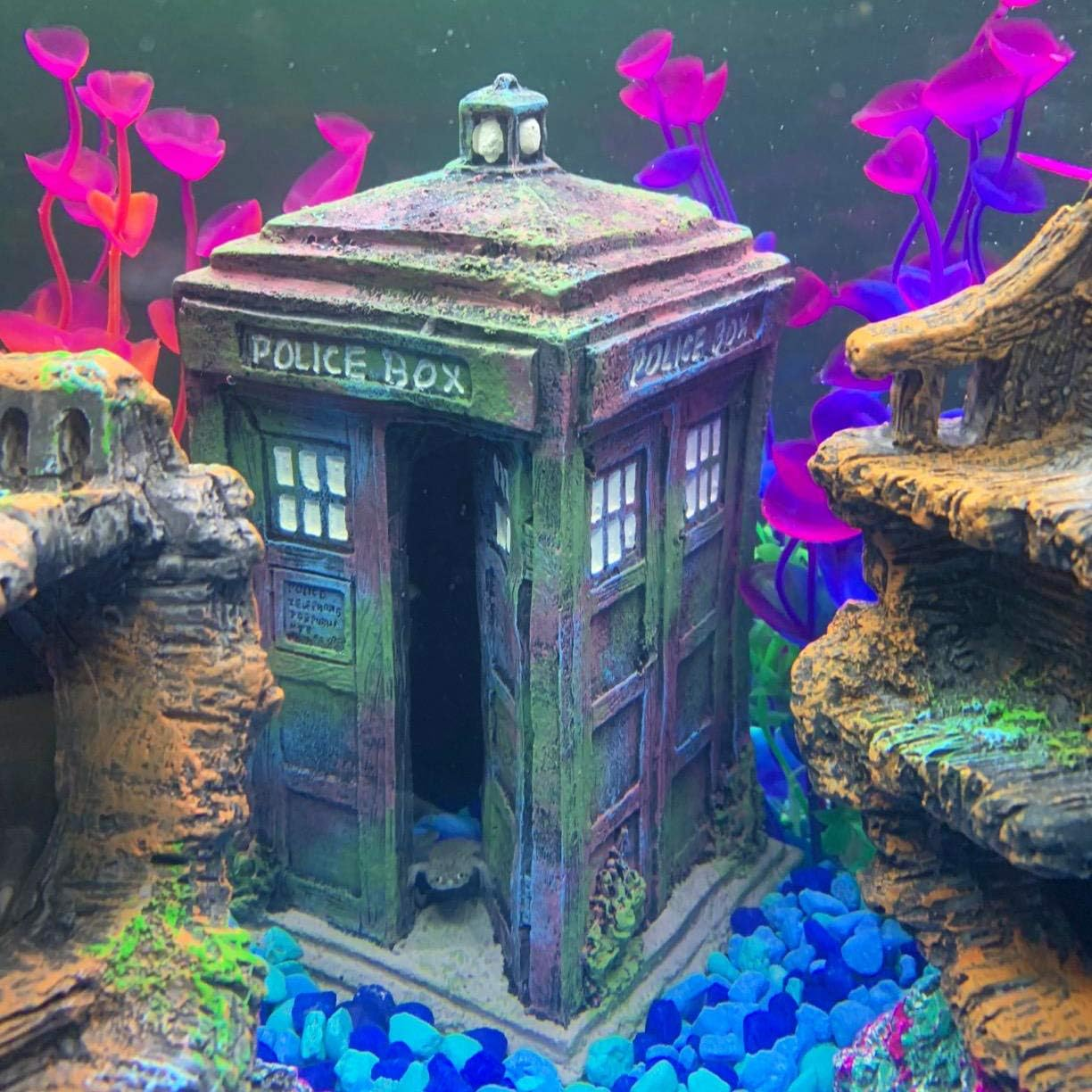 SLOCME Fish Tank Tardis Police Box Decorations - Aquarium Fish Hideout House Resin Ornament,Blue image number 4