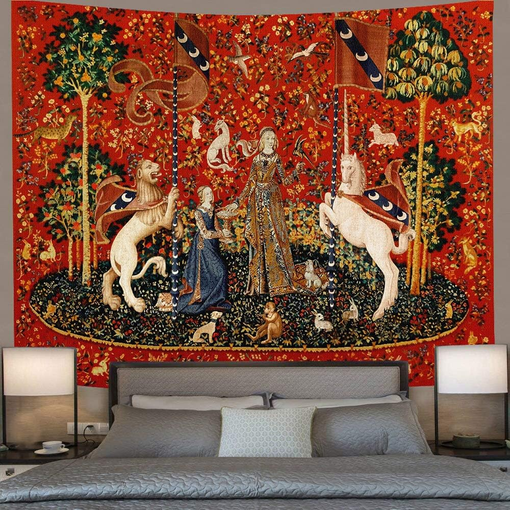 FEASRT Medieval Lady Tapestry European Royal Tapestry Lady and Unicorn Tapestry for Bedroom Living Room Apartment Dorm Decor Wall Hanging Tapestries 80X60 Inches GTDSAY76