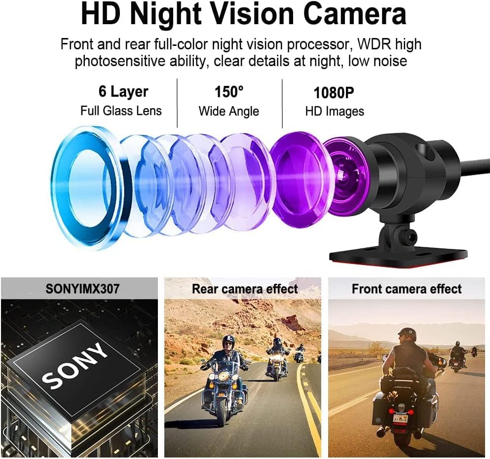 VSYSTO Motorcycle Dash Cam,All Waterproof,150 Degree Fish Eye,Motorbike Recording Camera Dvr,With 2'' Screen,Dual 1920X 1080P Front and Rear Camera Driving Recorder,Wdr,Rear Mirror Image - Black-2Inch-Sony image number 2
