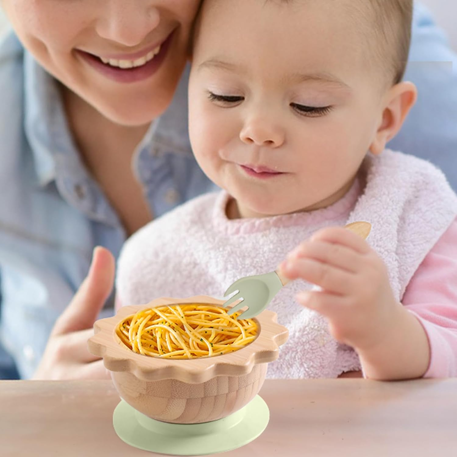 Bamboo Suction Plates Bowls Set for Baby Toddler Divided Platter Food Bowl with Silicone Fork & Spoon All-Natural Kids Feeding Set for Baby-Led Weaning, Non-Slip Design