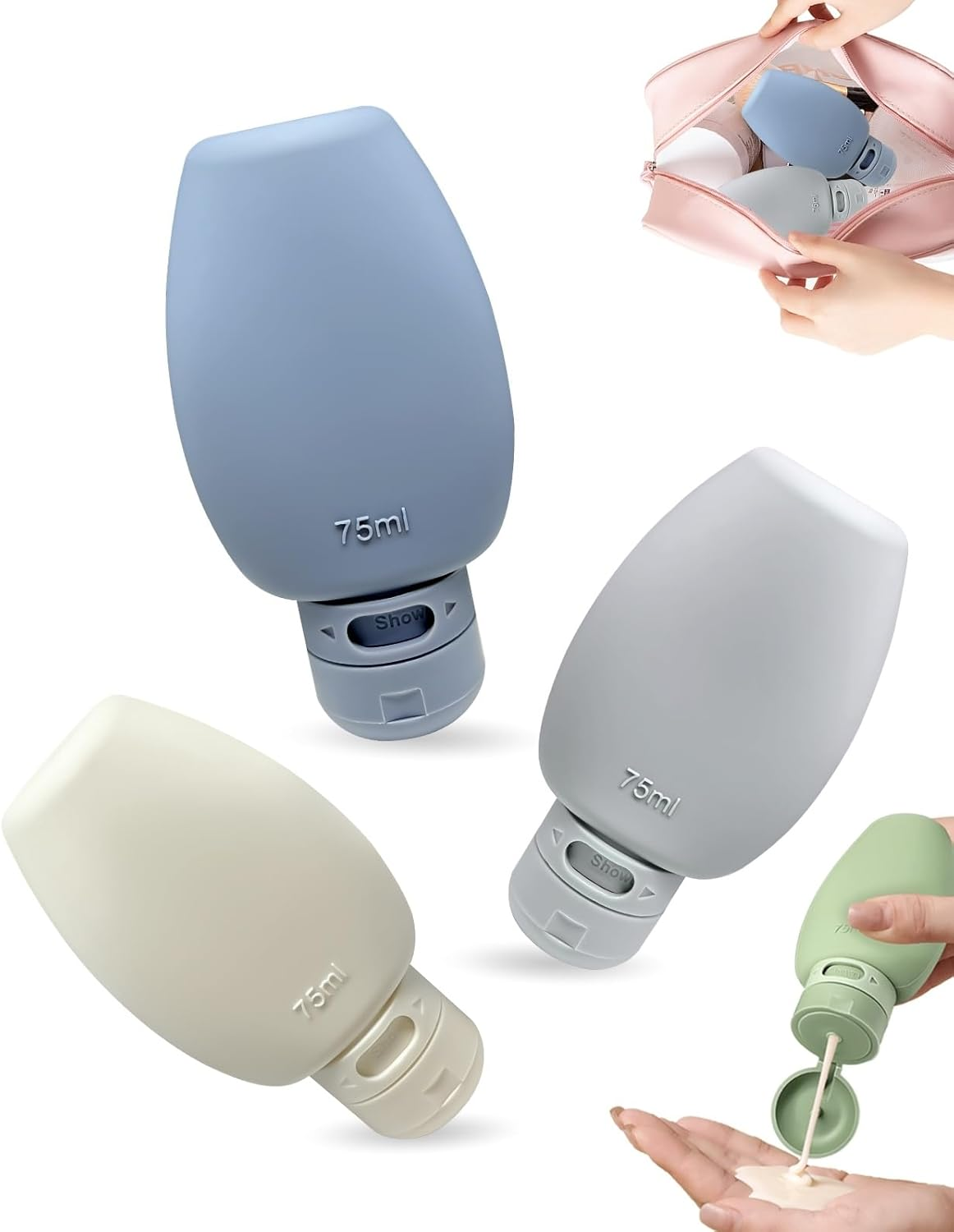 BRARIOS Travel Toiletries Set Skin Friendly Comfortable Silicone Refillable 75Ml TSA Approved Eco-Friendly Portable Durable Toiletries Container 3 Pack Cute BPA Free Leak Proof (Green&Blue&Pink)