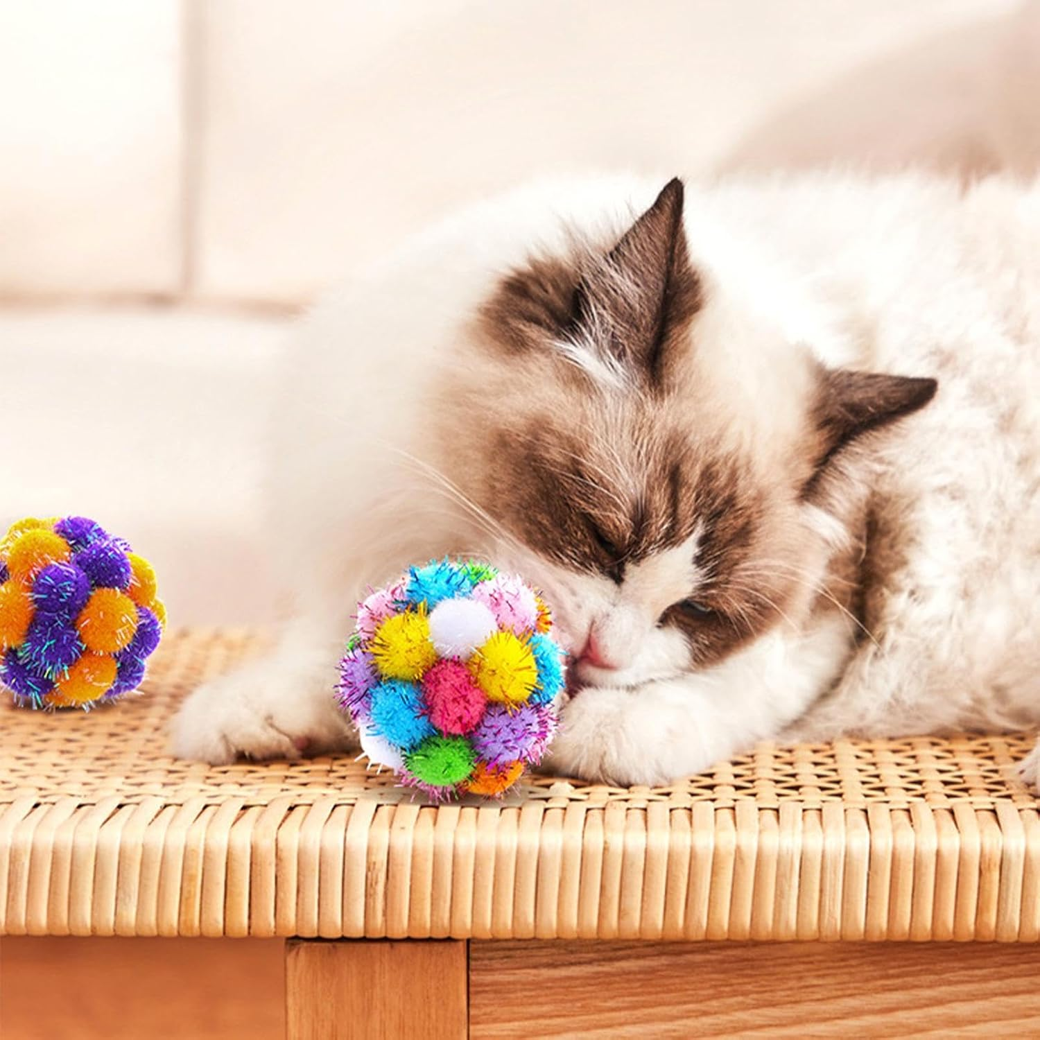 Fuzzy Cat Balls - Stuffed Cat Ball Toy - Assorted Color Balls Fuzzy Balls, Interactive Toys for Indoor Cats and Kittens, Toys image number 5