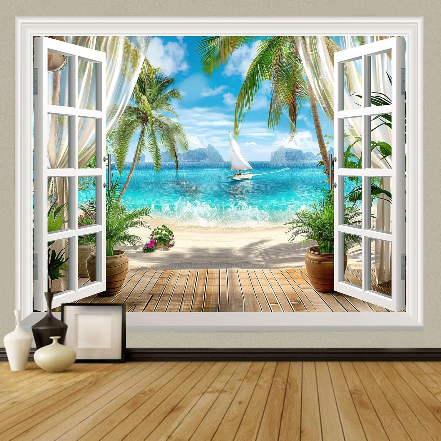 Xiaoput Nature Landscape Tapestry, Cozy outside of Window Tropical Palm Tree Beach Sea Mew Sunset Scenery Tapestry Wall Hanging, Colorful Bedroom Living Room Dorm Decor 40X30 In