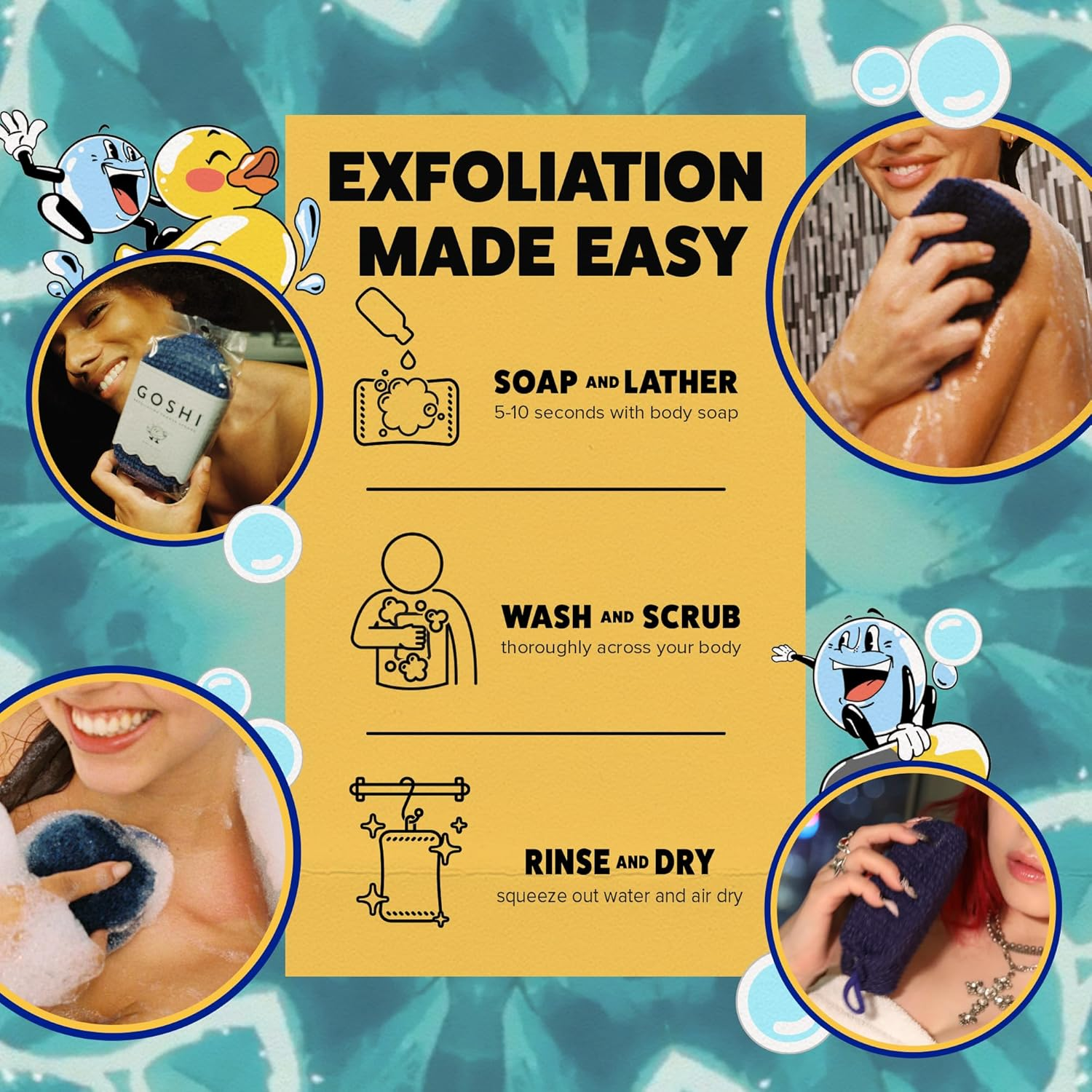 GOSHI Exfoliating Shower Sponge - Rip-Resistant, Rapid-Drying Exfoliating Bath Sponge for All Skin Types - Indigo Blue - Made in Japan - Green image number 4