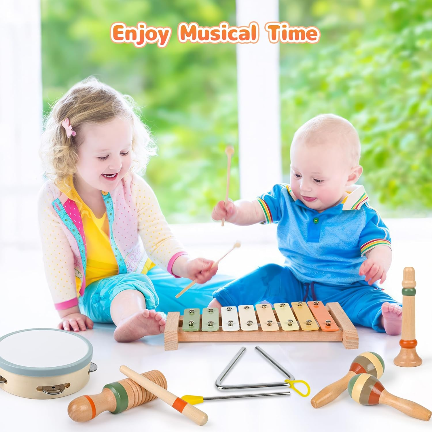 CYZAM Wooden Musical Instruments, Montessori Toys for Baby Toddler 1-3, Neutral Colors Wooden Percussion Instruments Set, Modern Boho Xylophone Tambourine, Kids Preschool Educational Birthday Gifts image number 4