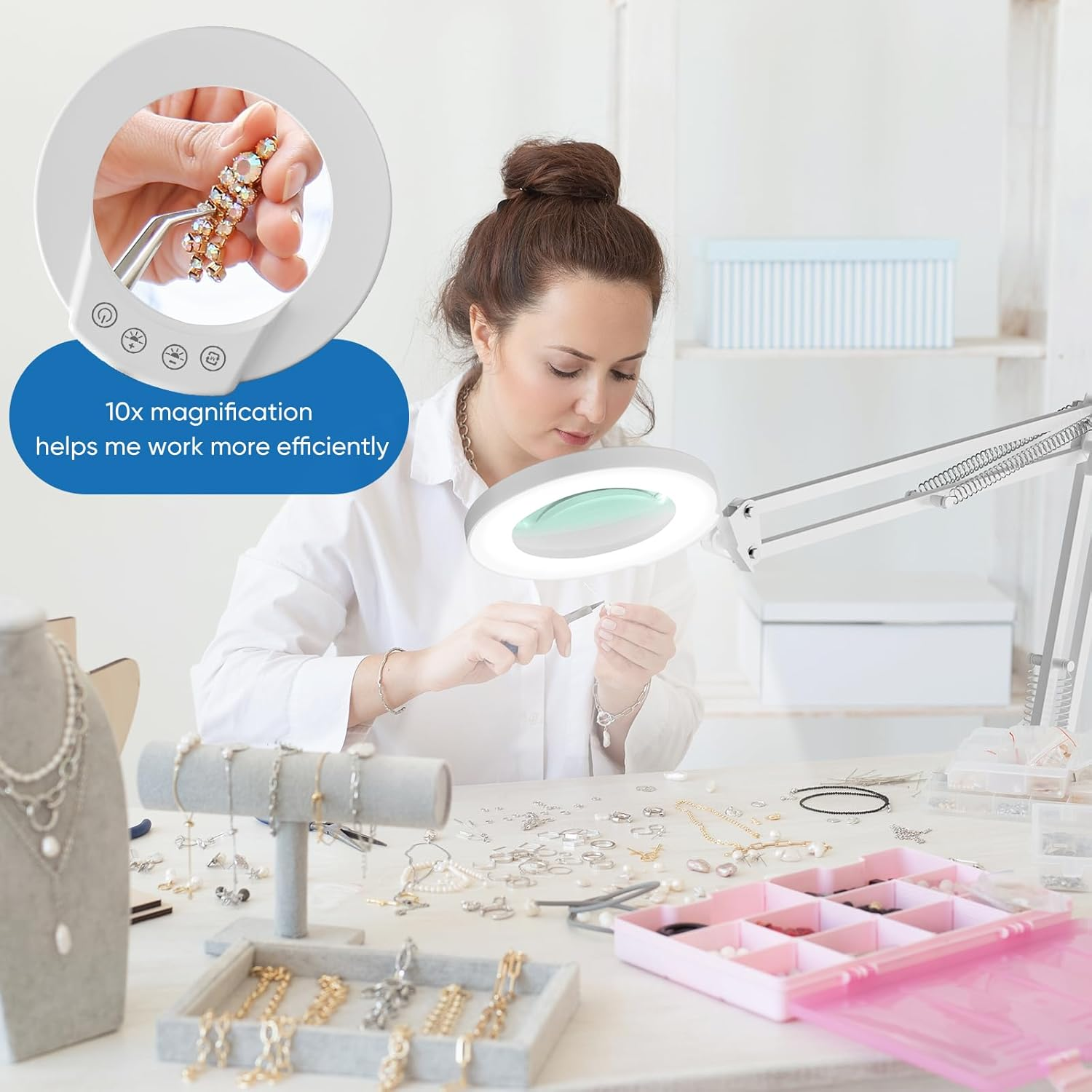 10X Magnifying Glass with Light and Clamp, Real Glass Lighted Magnifier with 5 Color Modes & Stepless Dimmable, Hands Free Desk Lamp for Hobbies, Crafts, Reading and Close Work (White) image number 3
