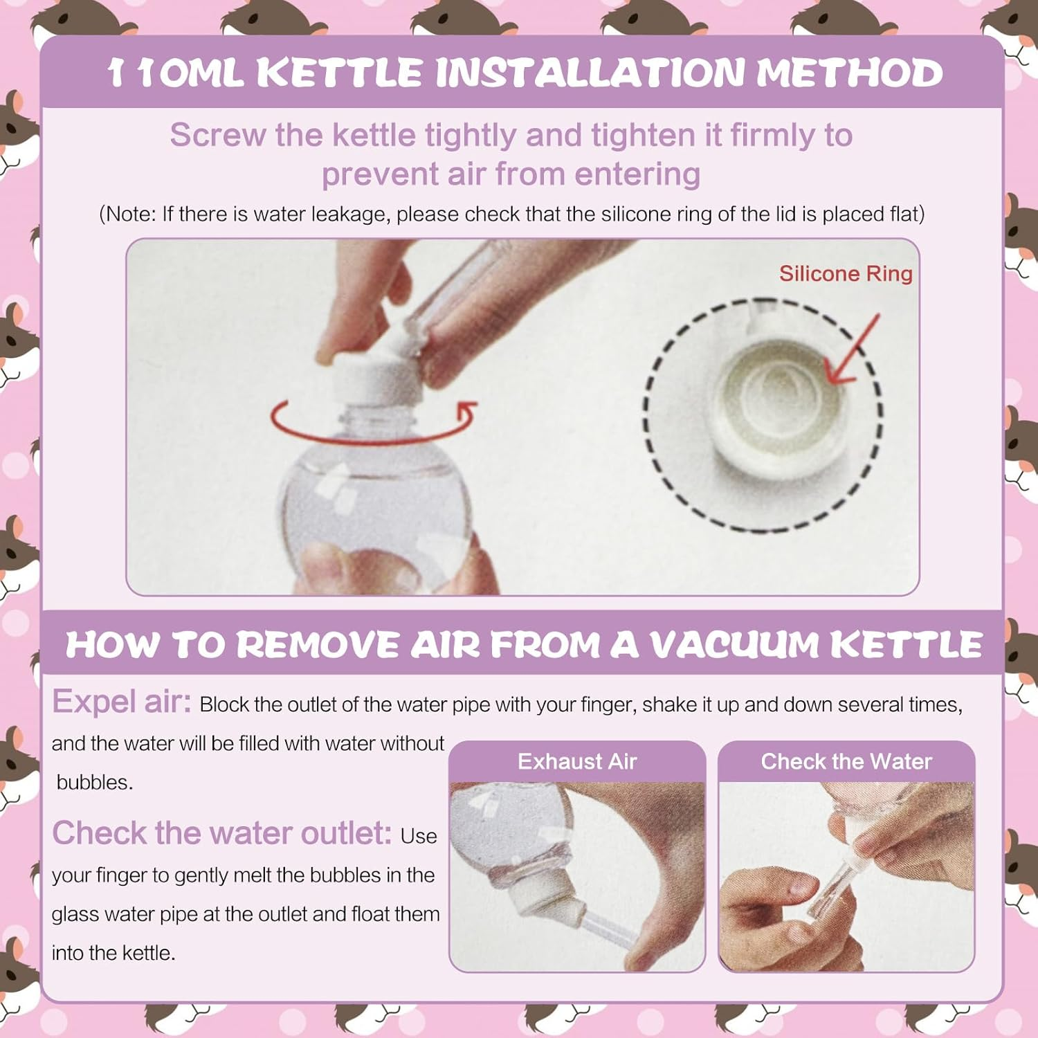 SUSOO Leak-Proof Hamster Water Bottle with Vacuum Silent Drinking Water Design,2-In-1 Hook and Suction Cup Design for Wire Cage and Acrylic Small Animal Water Dispenser Cage Accessorie (Purple, 110ML) image number 5