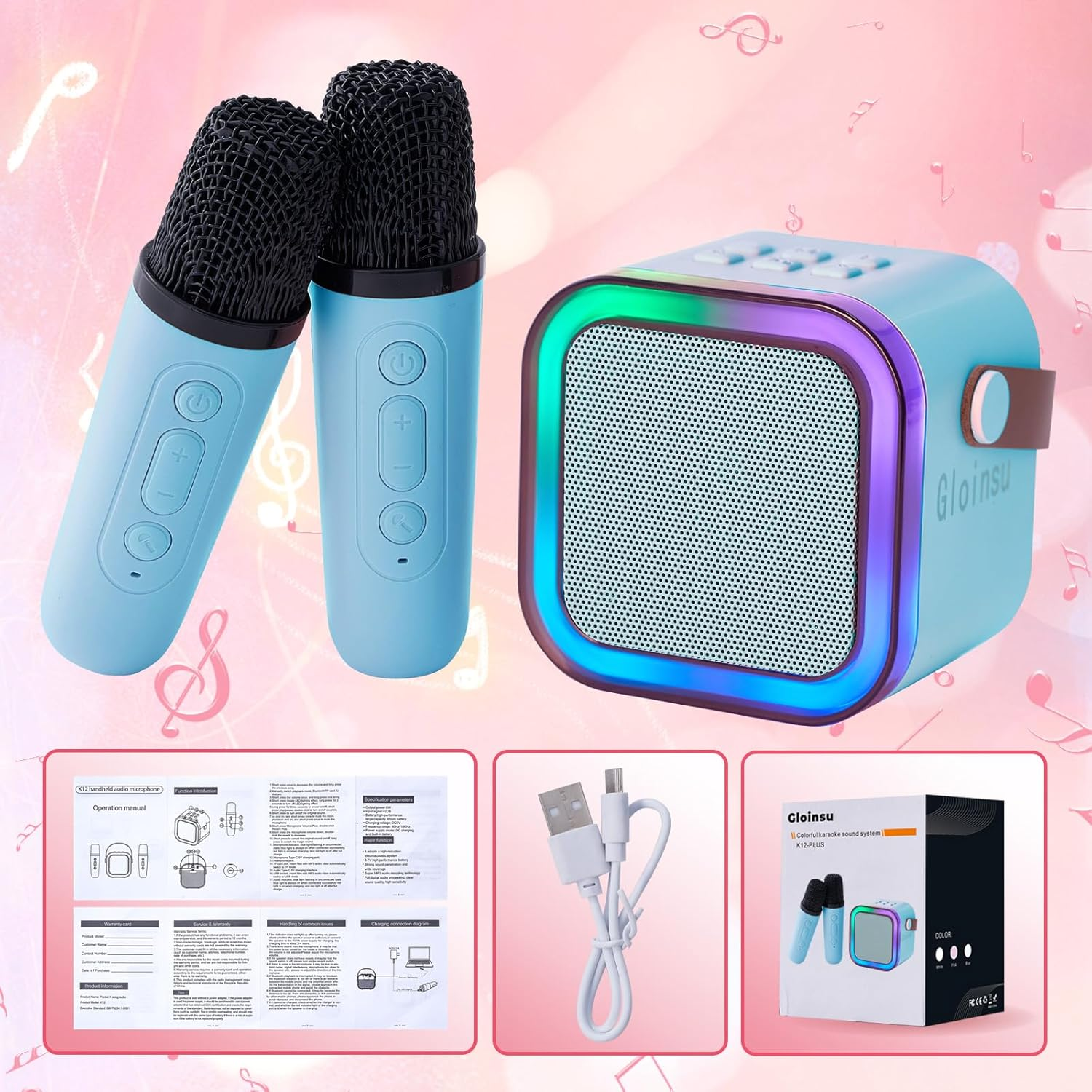Portable Karaoke Machine for Kids & Adults, Bluetooth Mini Singing Microphone with 2 Wireless Mics & LED Light Show, Compatible with All Smartphones, Perfect for Birthdays, Home Parties（Blue） image number 3