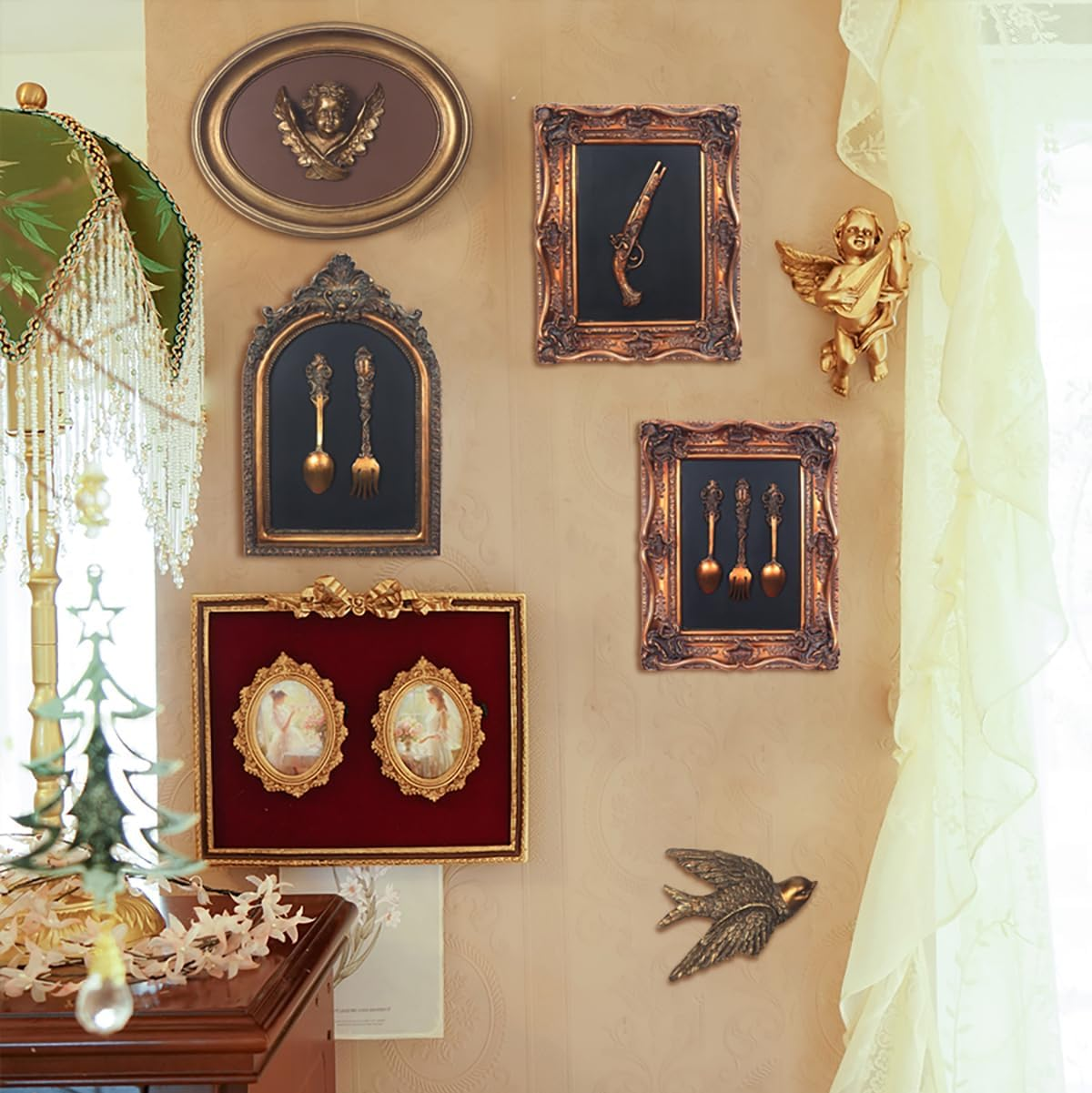 S-MANTIS Vintage Wall Sculpture,Antique Pediment,Hallway Wall Art, Hand Painted Wall Decoration with Embossed Intricate Spoon and Fork Design, Arched Aesthetic Room D&eacute;cor, Gallery, Unique Gift - Antique-Spoons image number 5