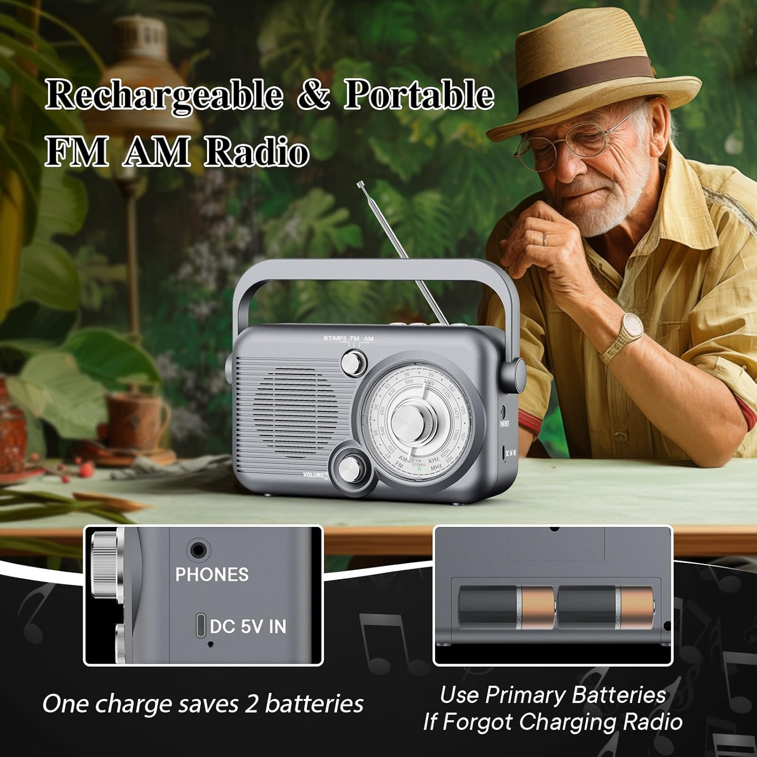 AM FM Radio, Portable Radio Support Battery Operated or AC Power, 5W Speaker with Bluetooth, Supports USB/TF/AUX Function, Simple Radio for Seniors