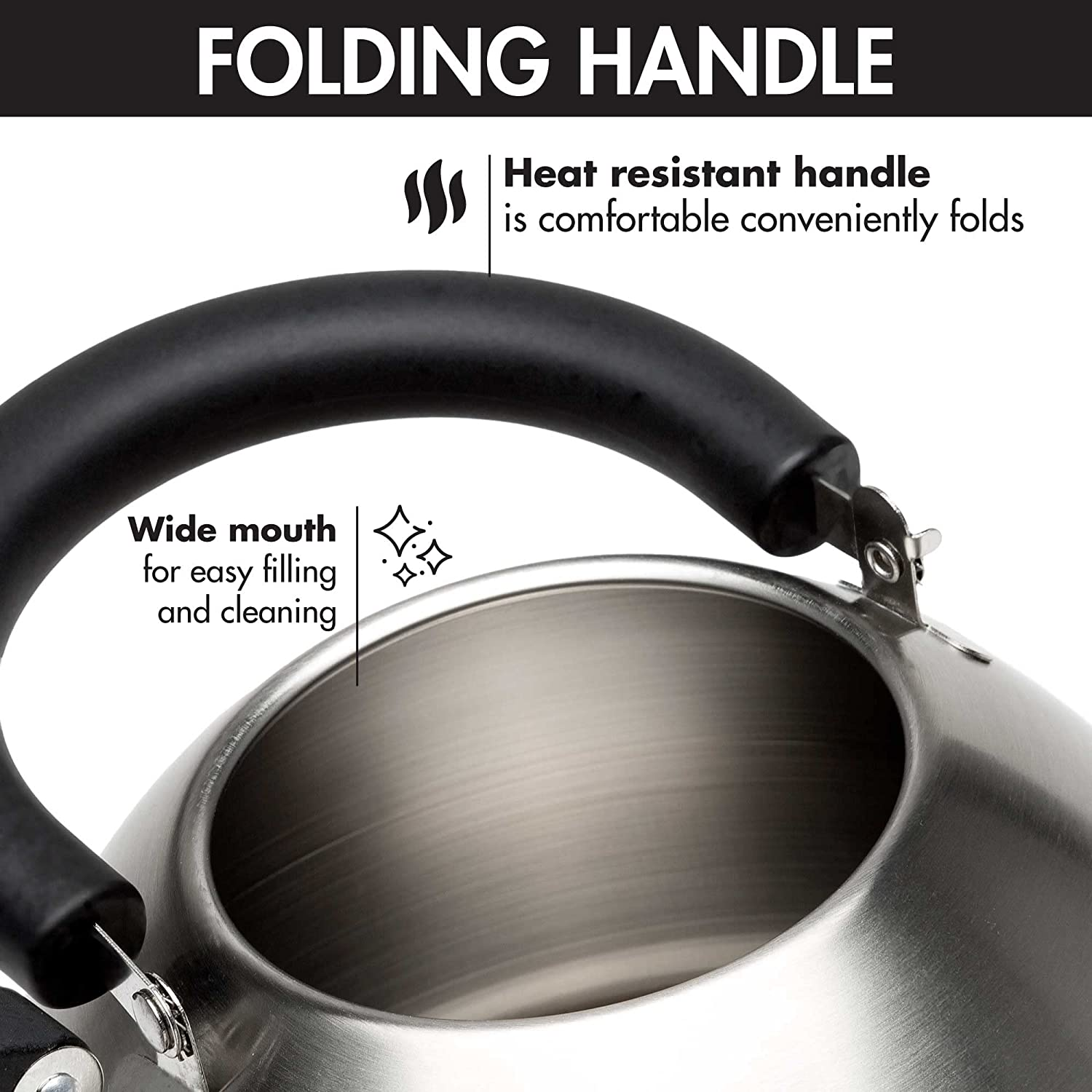 Primula Stewart Whistling Stovetop Tea Kettle Food Grade Stainless Steel, Hot Water Fast to Boil, Cool Touch Folding, 1.5-Quart, Brushed with Black Handle image number 1