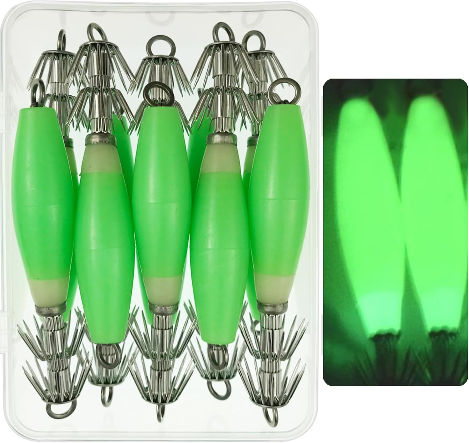 JSHANMEI Fishing Fluorescent Squid Cuttlefish Sleeve Jig Fishing Lure Bait Head Hook Luminous Octopus Lure Glow in Dark