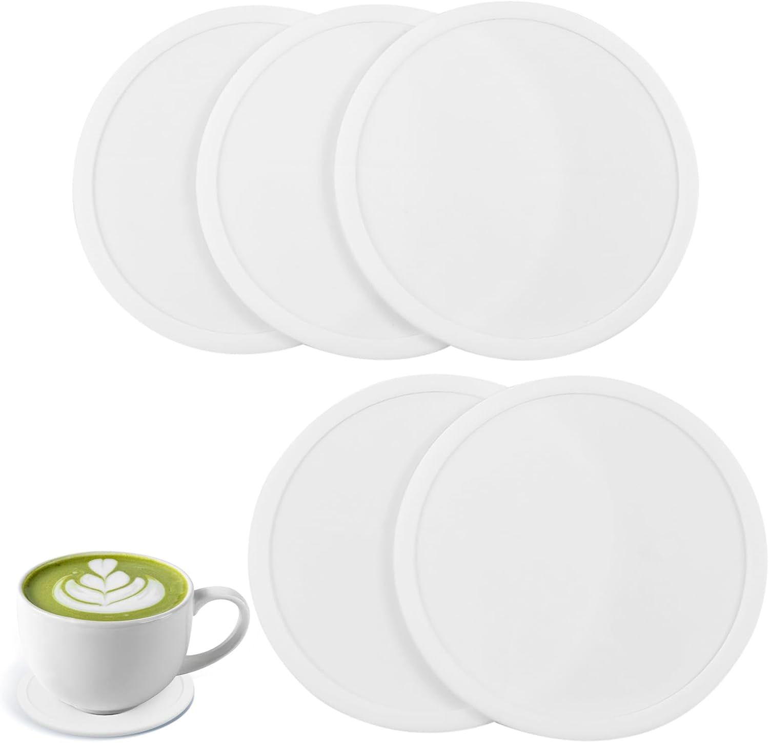 5-Pack White Silicone round Coasters - Non-Slip Drink Coasters for Dining Table & Desk image number 1