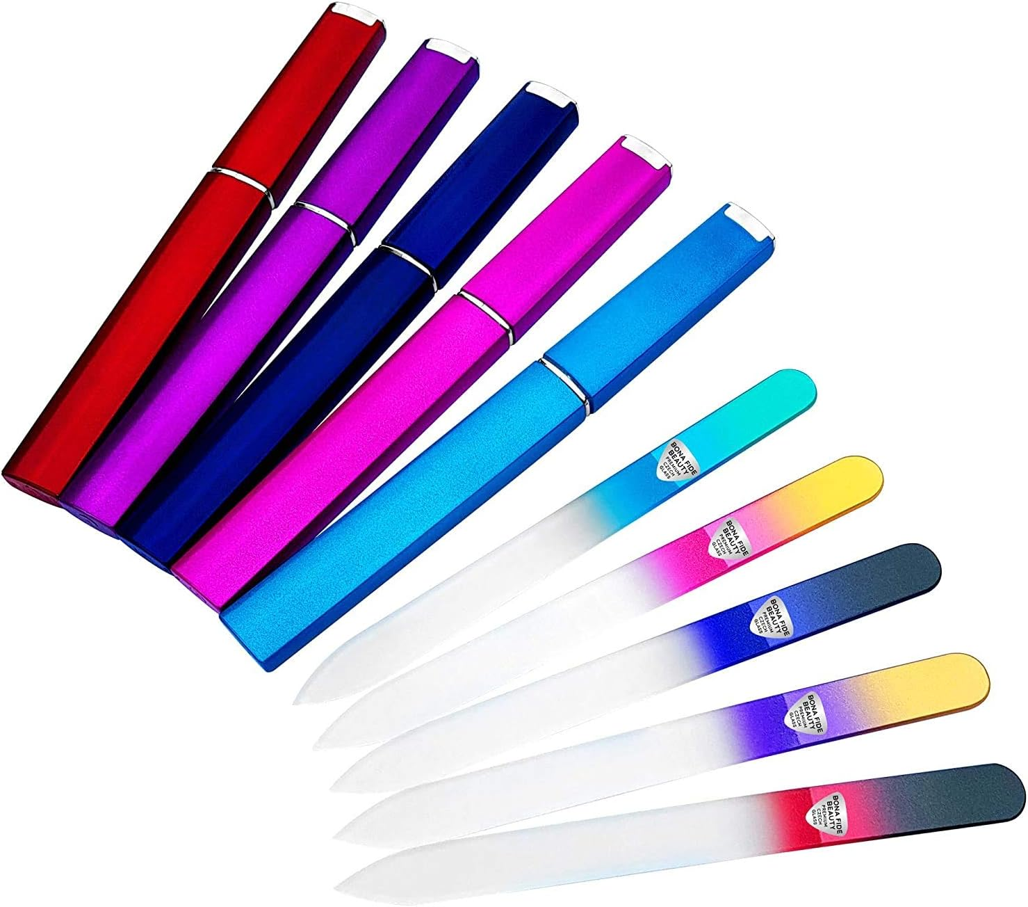 Bona Fide Beauty Glass Nails Files, Professional Manicure Czech Glass Fingernail Files with Cases, Gentle Precision Filing, Leaves Nails Smooth - 5-Piece