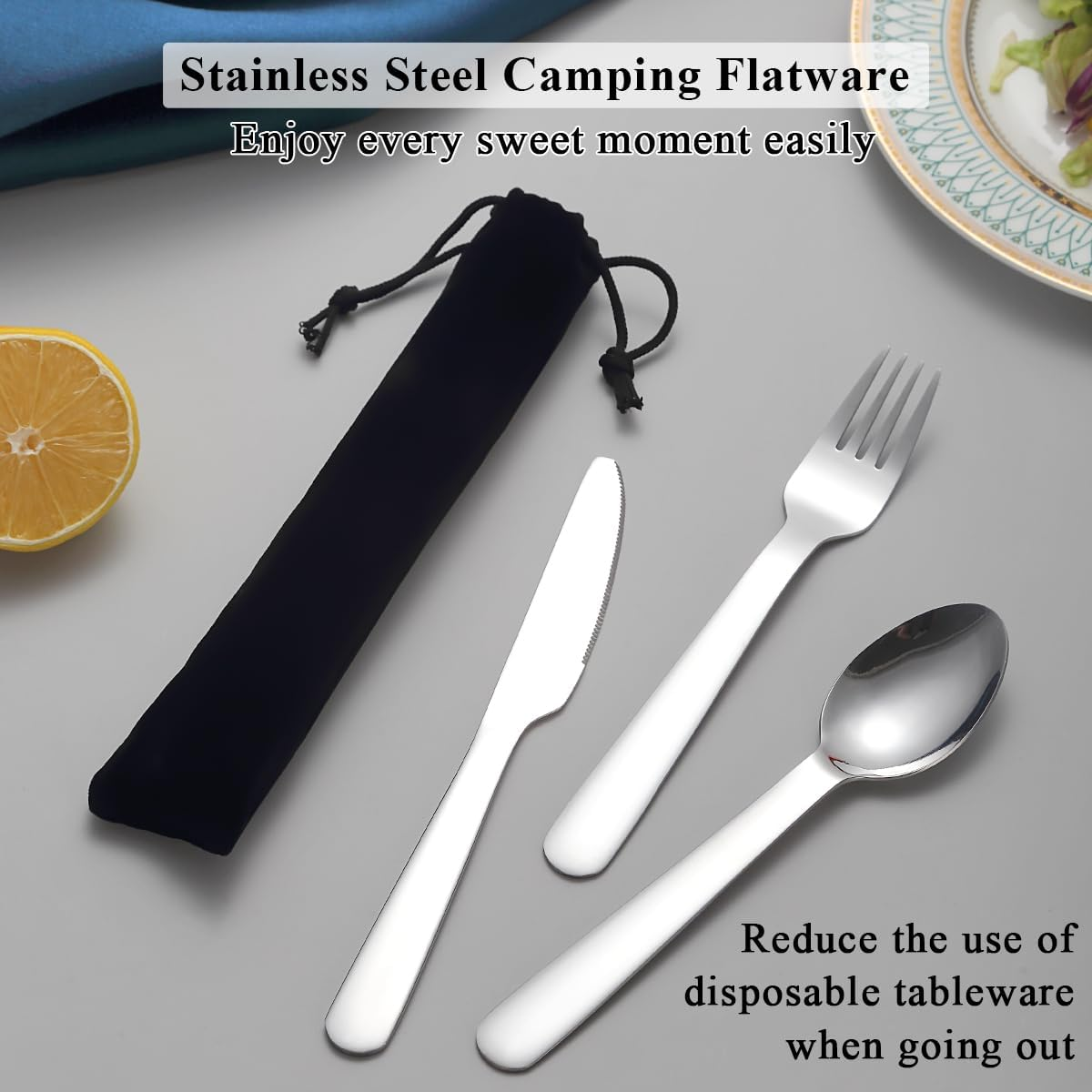 Evanda Portable Cutlery Set, Include Knife Fork Spoon, Stainless Steel Camping Flatware with Black Bag, for Outdoor, Picnic, Camping, Travel, Dishwasher Safe image number 4