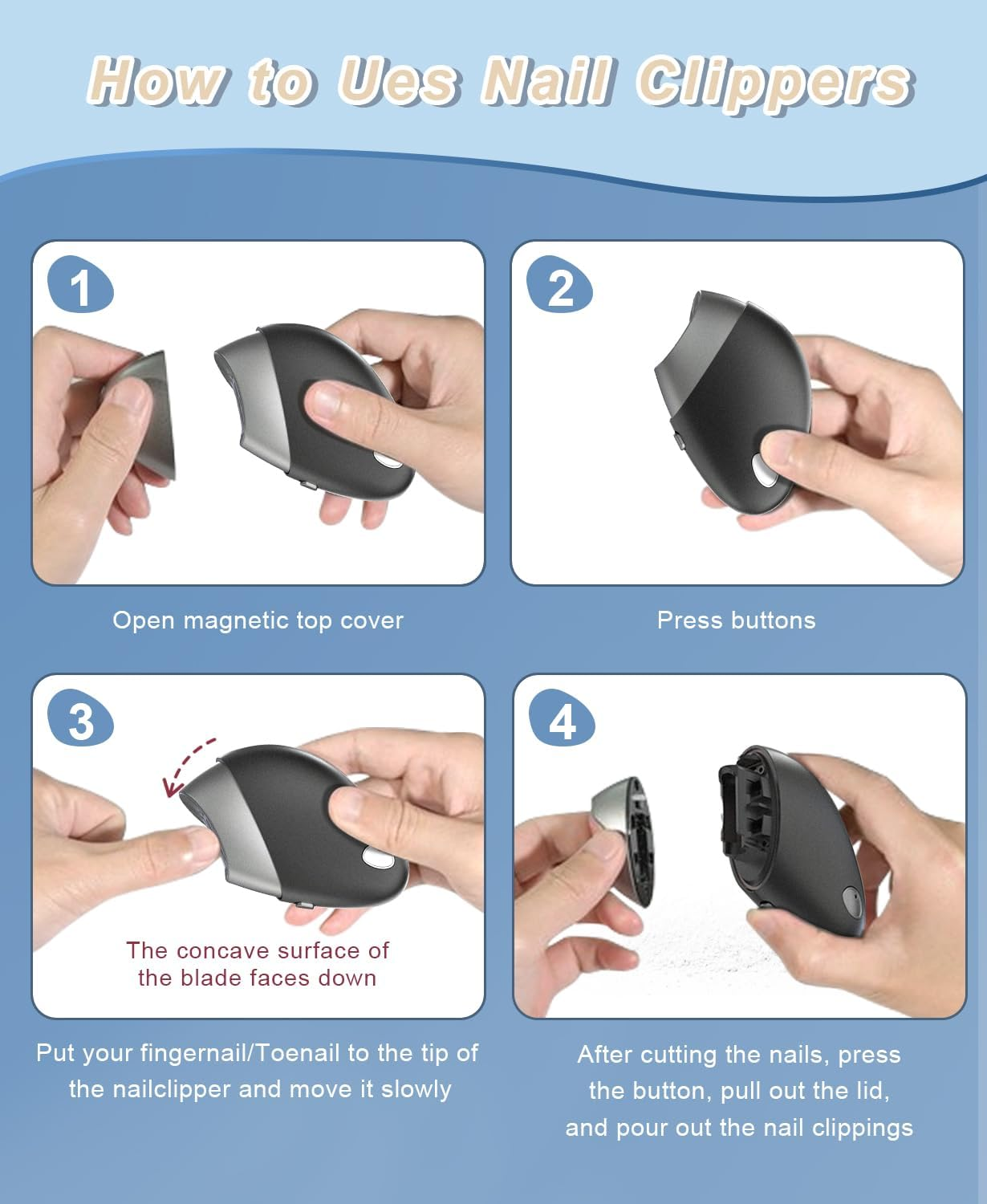 Electric Nail Clipper with Replacement Head & Nail Scraps Storage, Finger Nail Clippers Adult, 2-Speed Trimmer, Type-C, Magnetic Cover, Safety Nail Clippers for Men, Baby, Kids, Women, Seniors image number 4