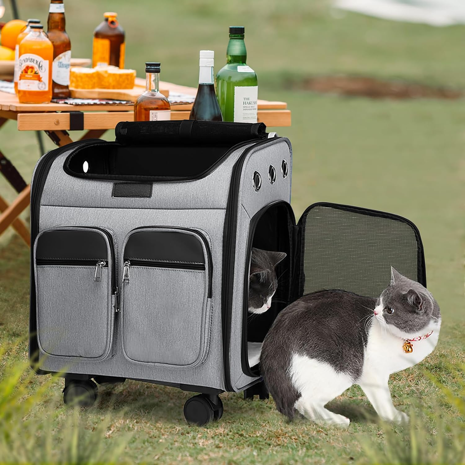 K ERATISNIK Wheeled Pet Carrier Backpack Breathable Pet Carrier with Wheels Collapsible Dog Backpack Carrier for Small Dogs Cats Puppy Dog Stroller Travel Carrier (Large Grey) - Large Blue image number 3