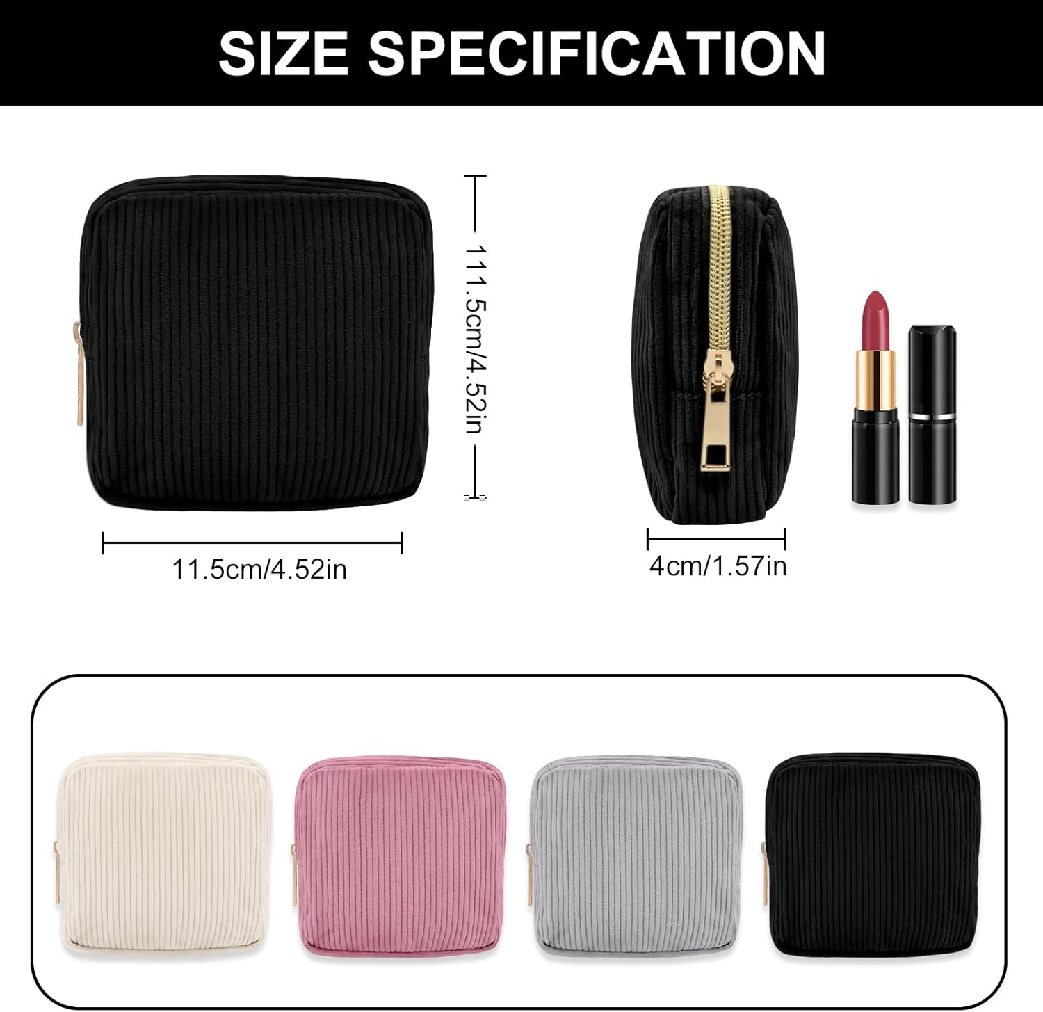 Long Keeper Small Cosmetic Bag for Women Mini Make up Bag for Handbag Solid Colour Cord Makeup Bag with Compartments Travel Makeup Bag for Women, Pure Black, Portable Cosmetic Bag image number 4