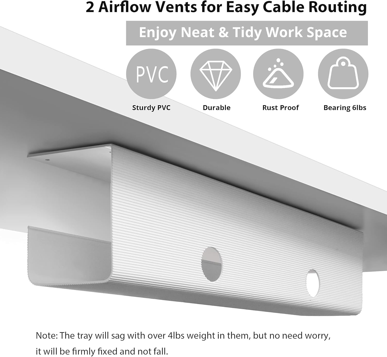 Large Capacity under Desk Cable Management Trays 2 Pack - Ultra Sturdy PVC Cable Tray - Cable Organizer under Desk for Office and Home, 2 Install Options for All Applications - White image number 5