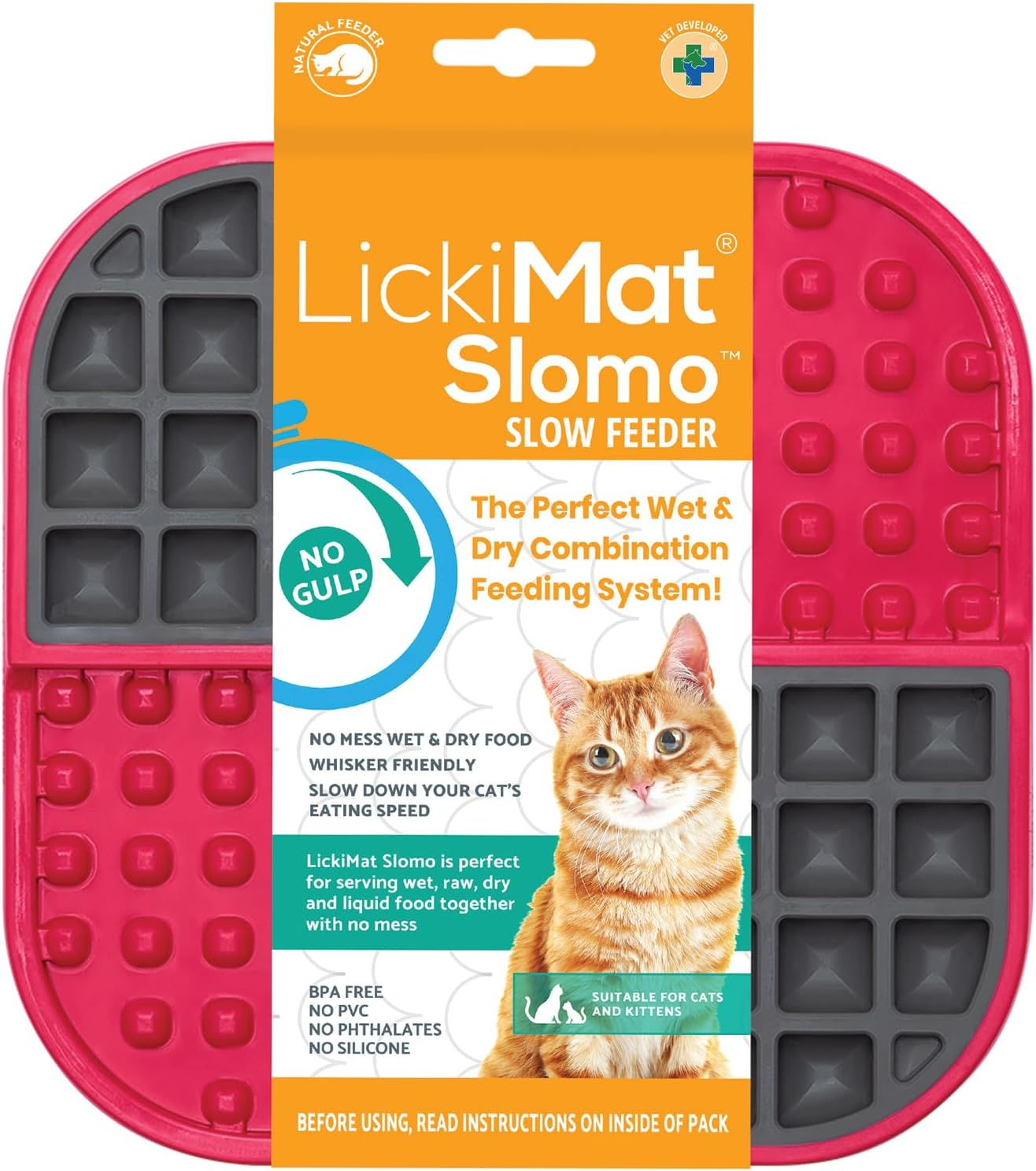 Lickimat Slomo, Cat Slow Feeder Lick Mat, Boredom Anxiety Reducer; Perfect for Food, Treats, Yogurt, or Peanut Butter. Fun Alternative to a Slow Feed Cat Bowl or Dish, Pink