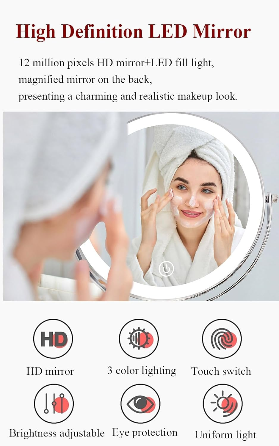 9" Magnifying Mirror with LED Lights Bathroom Large Illuminated Wall Mounted Vanity Mirror for Makeup Shaving (With LED Lights,Bright Luxury Gold 7X Magnification) image number 6