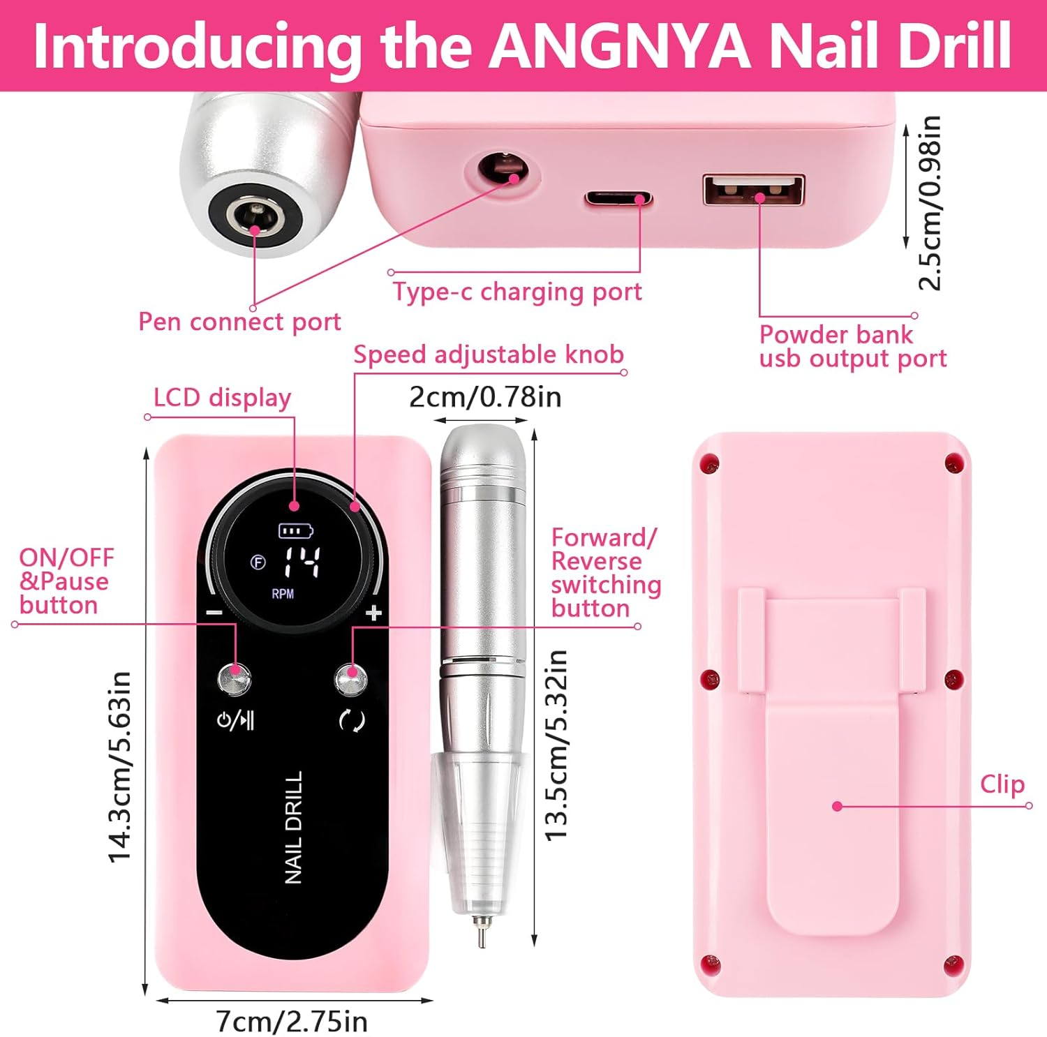 ANGNYA Nail Drill Electric File Machine Set for Gel & Acrylic Nails, Professional Efile Manicure Tools & Supplies for Tech Essentials (Pink) image number 5