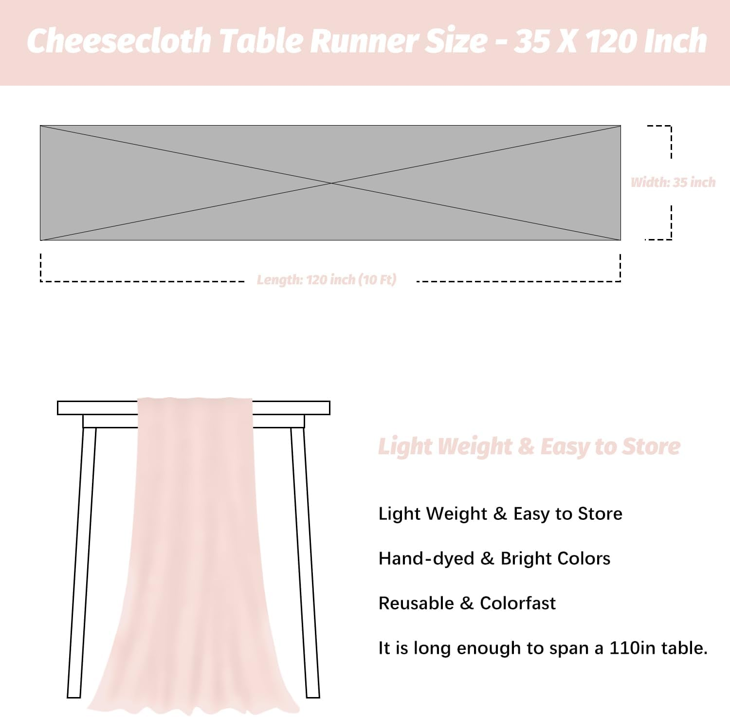 Nialnant Light Pink Cheesecloth Table Runner - 10 Ft Boho Wedding Gauze Runner, 120 Inches Long for Bridal Baby Shower Decor - Beige image number 4