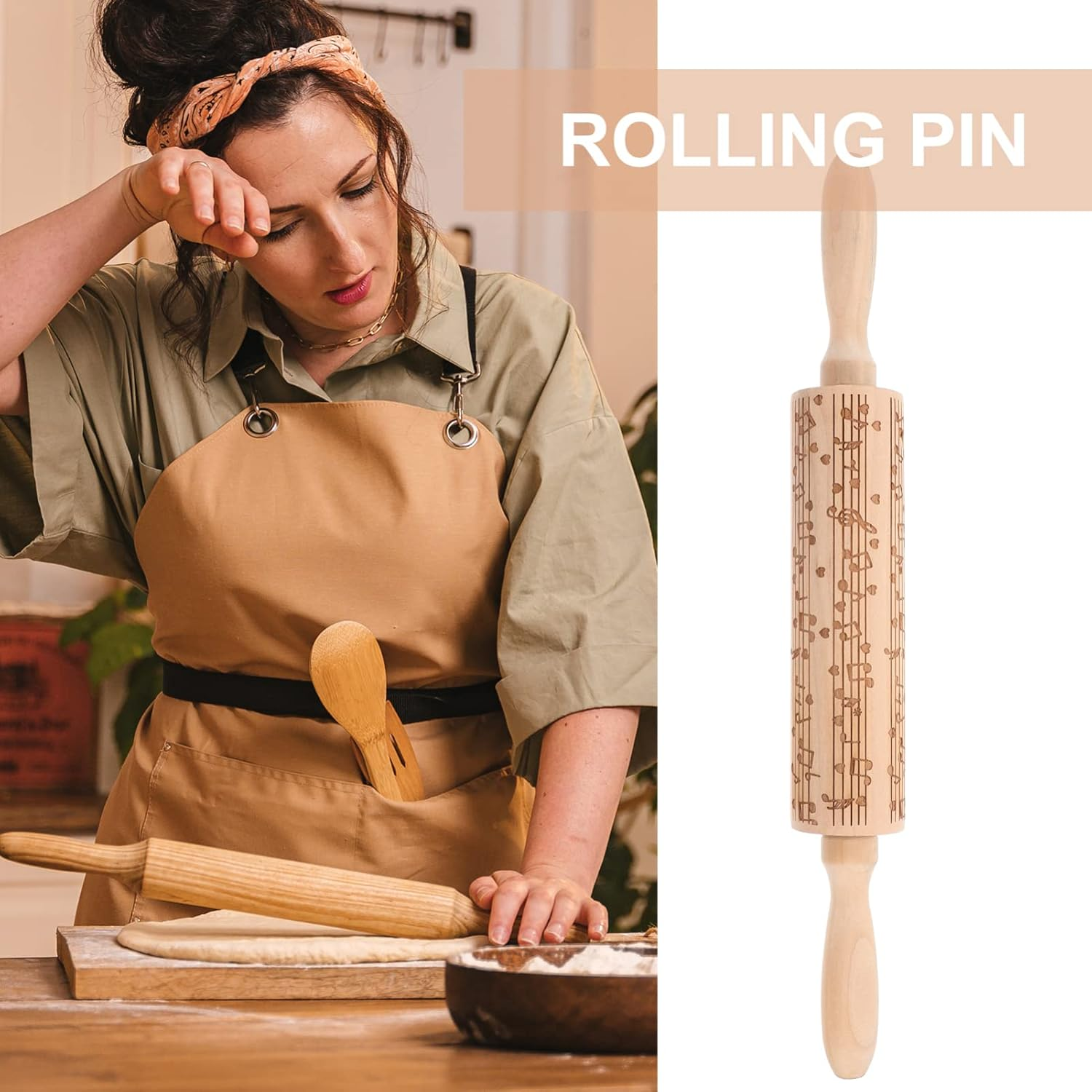 CALLARON Embossed Rolling Pin, 14 Inch Christmas Rolling Pins for Baking, Wooden Reusable Dough Roller with Music Note, Embossed Cookies Baking DIY Tool for Kids Adults Xmas Decoration image number 3