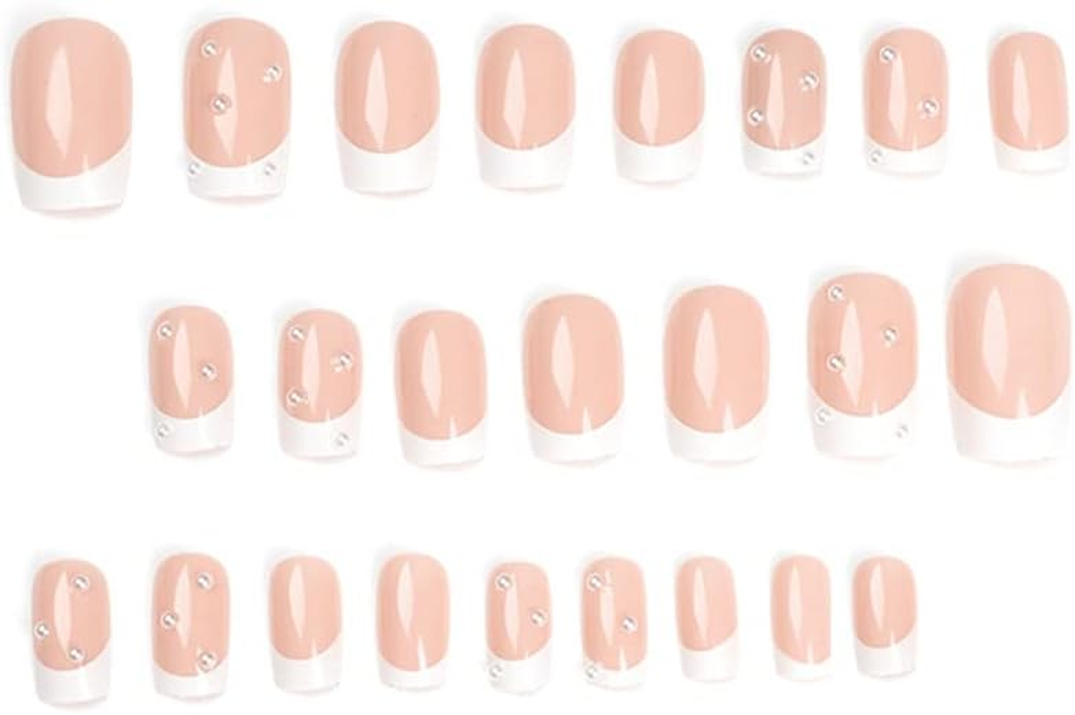 KXAMELIE Square Nude Nails for Gluing Short with Beads Designs, Shiny White French Acrylic Nails, Full Cover, Short Coffin False Nails for Women and Girls, 24 Pieces image number 1