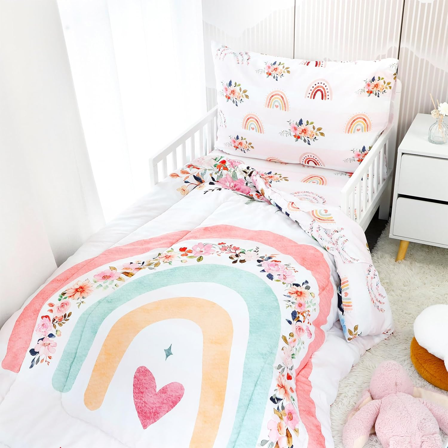 Toddler Bedding Sets for Girls, Rainbow Toddler Crib Bedding Set 4 Piece Pink Floral Toddler Comforter Set Includes Flat Top Sheet, Fitted Sheet, Comforter, Envelope Pillowcase, Soft & Comfort - Floral  Rainbow image number 4