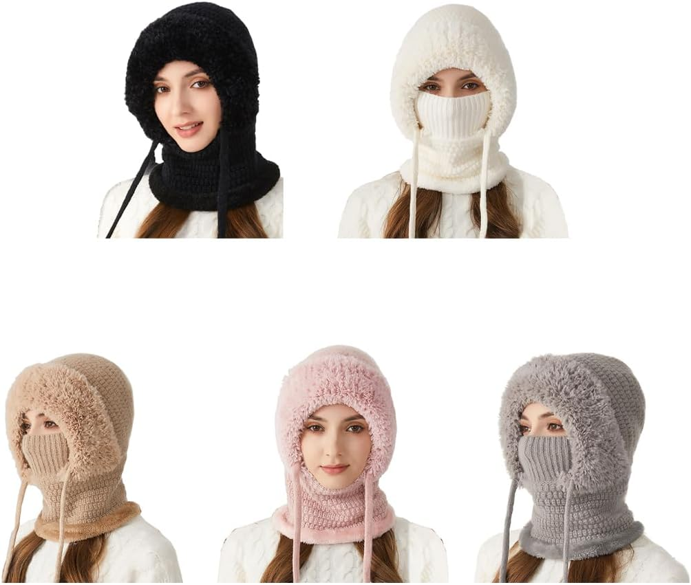 CLSSLVVBN 3 in - 1 Women Beanie Skiing Hat Face Covering Cap Outdoor Adventures and Mask Hats Size Drawstring, for Skiing And - Black image number 7