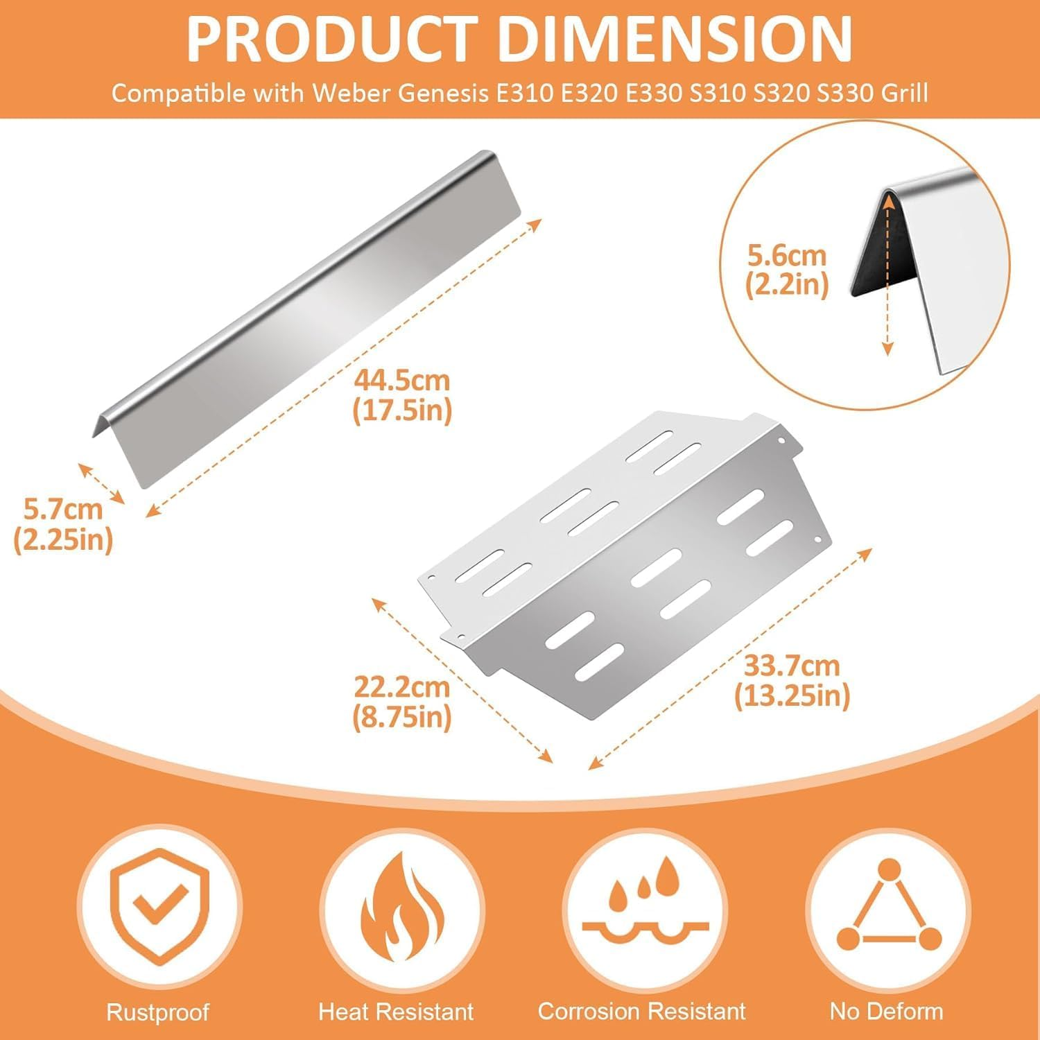 Flavorizer Bars Heat Deflector Kit for Weber Genesis 300 Series E310 E320 E330 EP310 EP320 EP330 with Front Control Knob, 17.5 Inch Heat Plate for Weber Genesis Grill Parts image number 4