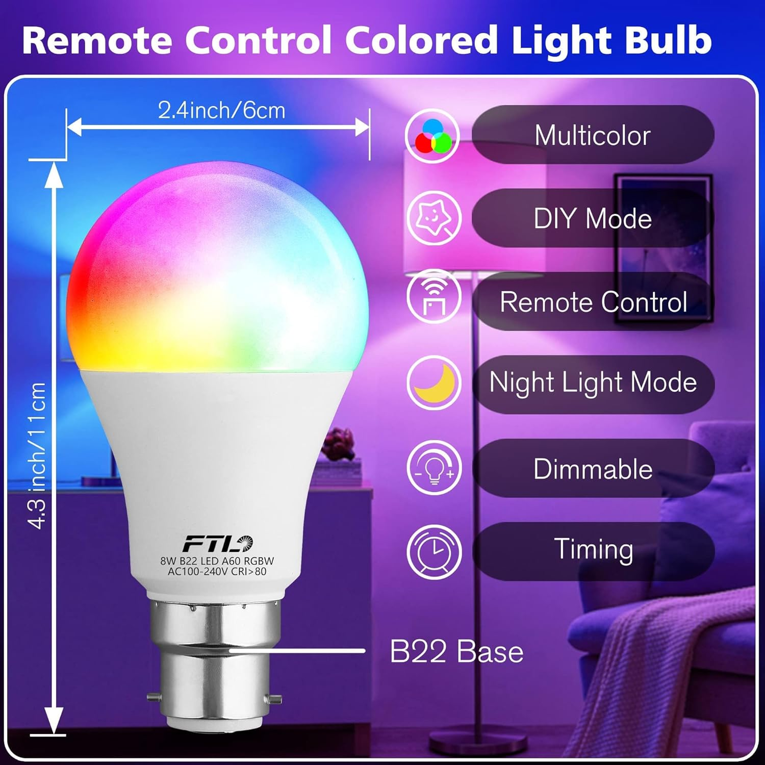FTL Colour Changing Light Bulb with Remote Control, RGB B22 Bayonet 8W LED Bulb 60W Equivalent Dimmable A60 Multicolour Light Bulb for Home Decoration Party Mood Lighting 2-Pack image number 2