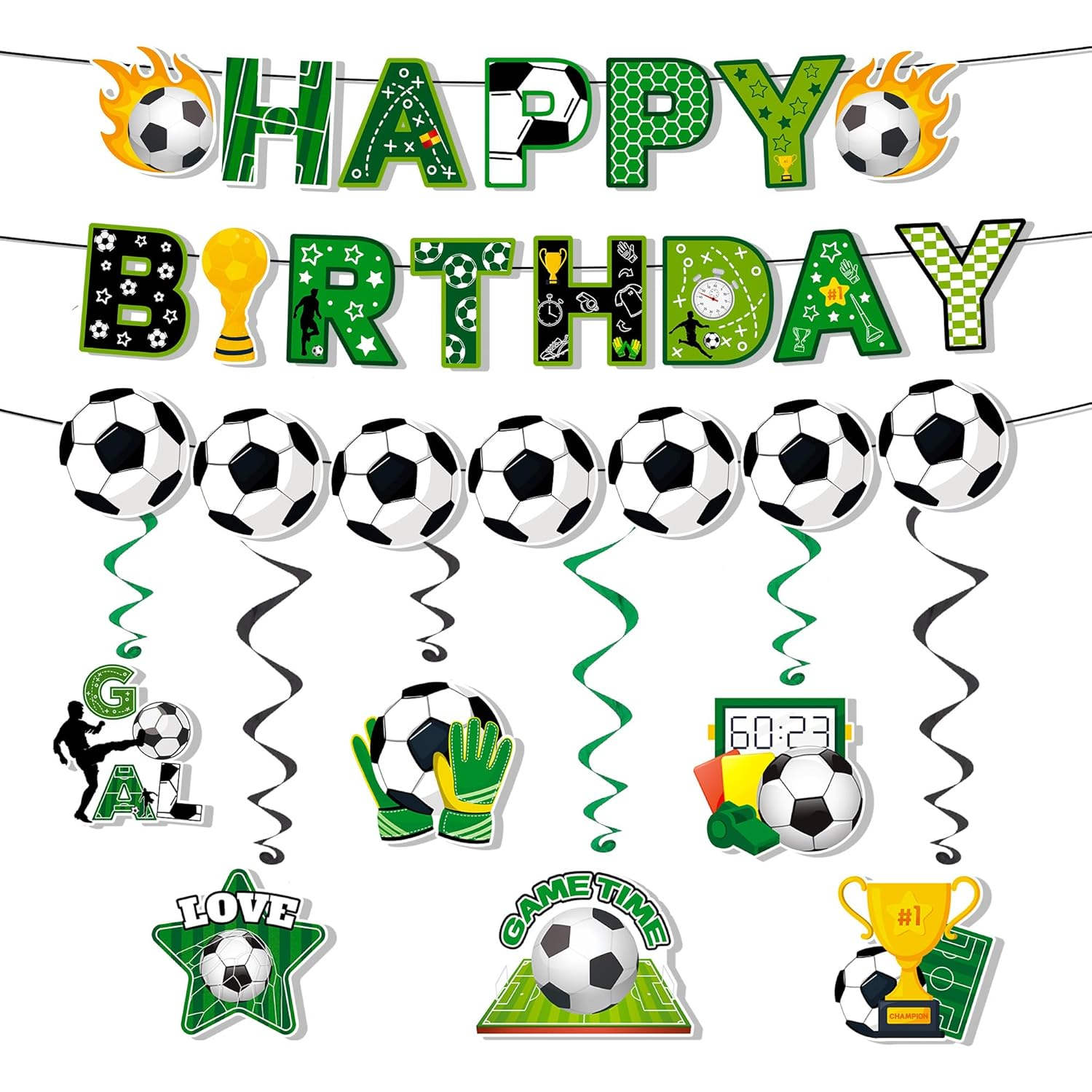 Soccer Hanging Swirl, 8 Pcs Soccer Birthday Party Decorations Set - Happy Birthday Football Banner, Football Themed Hanging Foil Swirls & Garland for Birthday Party Supplies image number 2