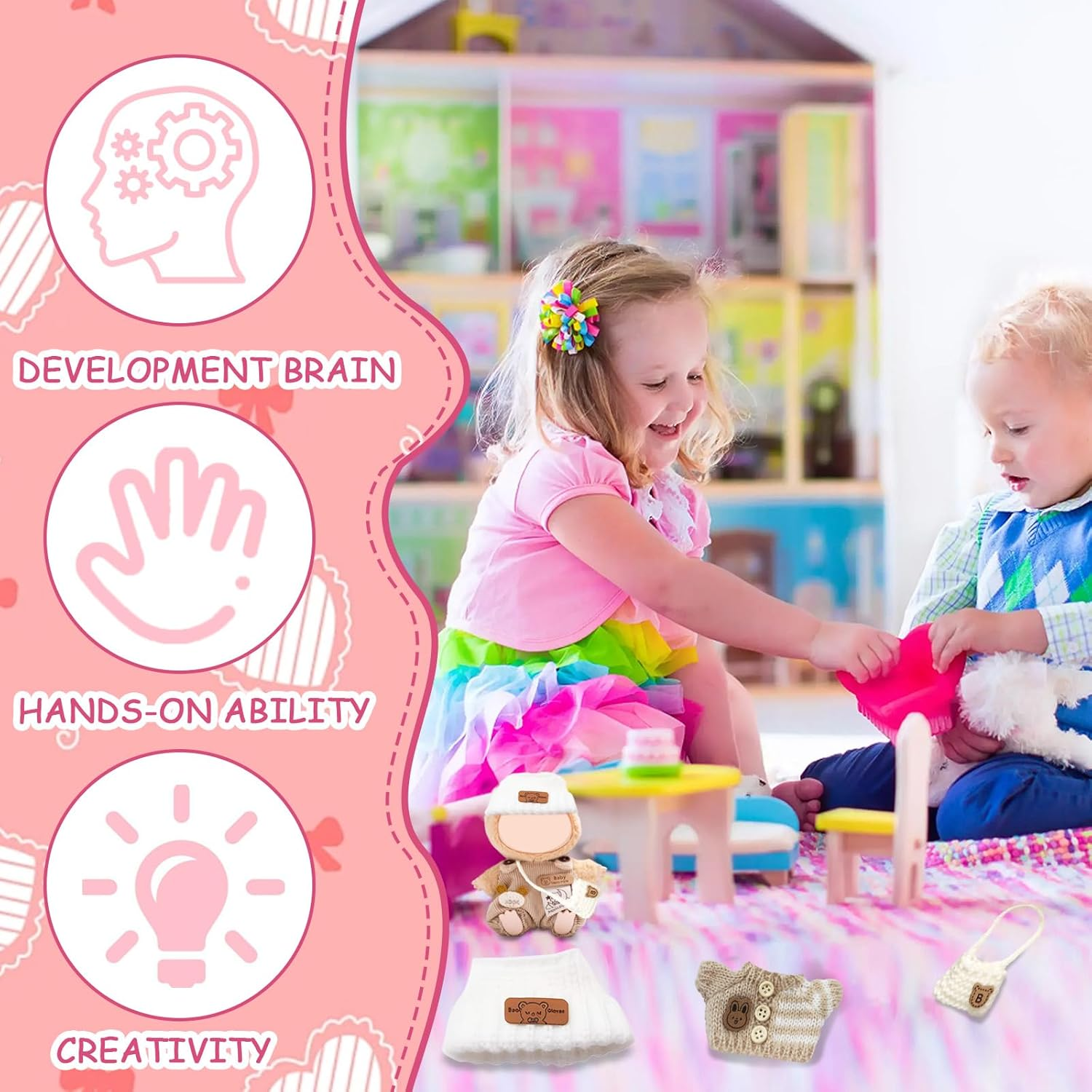 2 X Clothing for 17 Cm Labubu Plush with Pink Bottle Jumpsuit + White Bear Wool Hat + Pink Camera + Hair Accessories with Bow + Chanel Style Jumpsuit for Clothing DIY Children Gifts (Khaki) image number 6