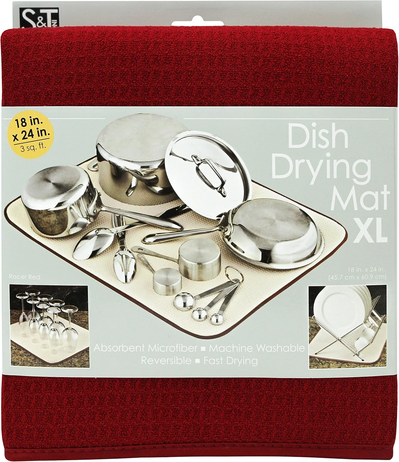 S&T 497500 Microfiber Dish Drying Mat, X-Large, 18 by 24-Inch, Grey/White Trellis, Racer Red, X-Large - Black  White Stripe image number 4