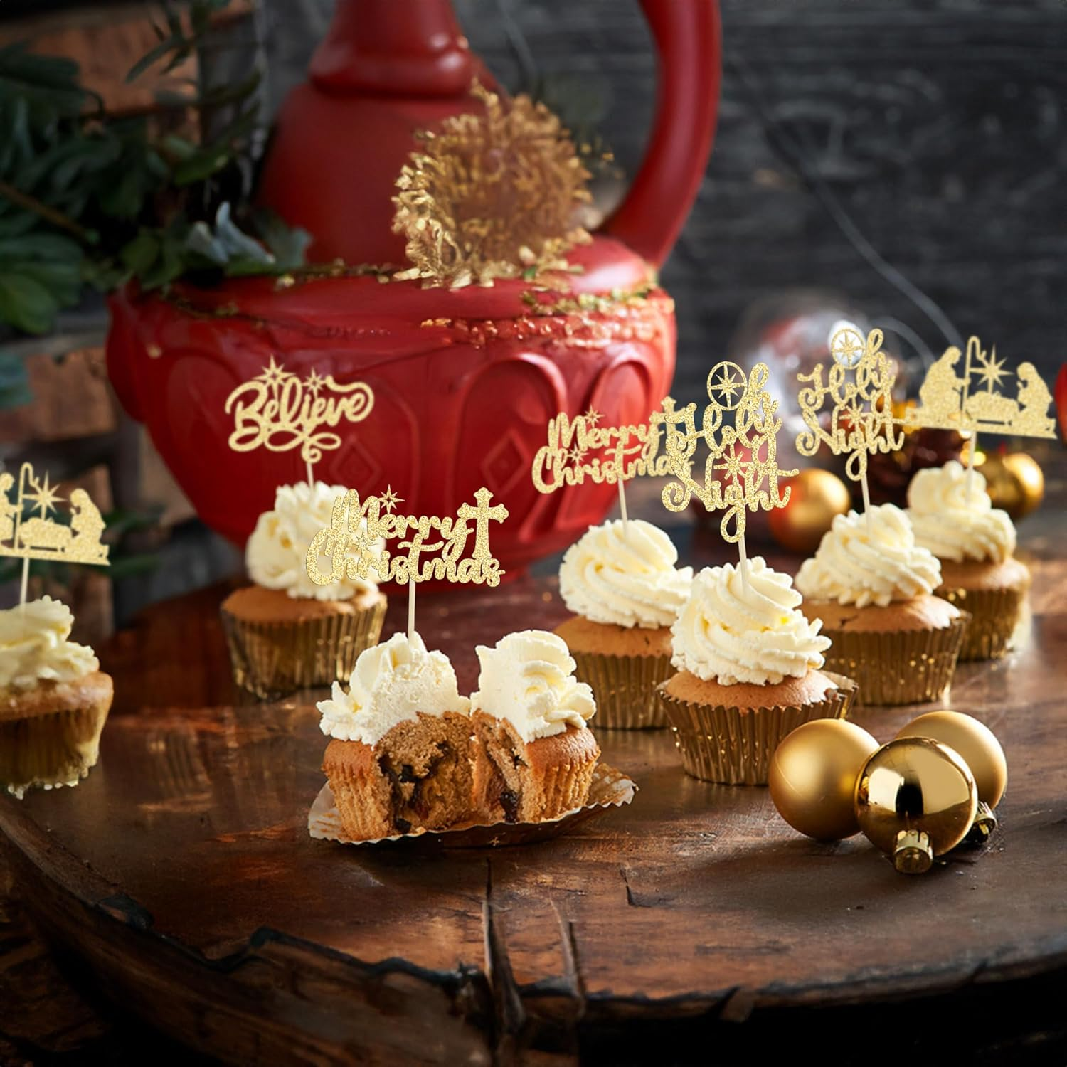 24Pcs Christmas Jesus Cupcake Toppers Glitter Holy Night Blessed Believe Christmas Nativity Cupcake Picks for Nativity Scene Theme Christmas Jesus Birthday Party Cake Supplies Gold image number 6