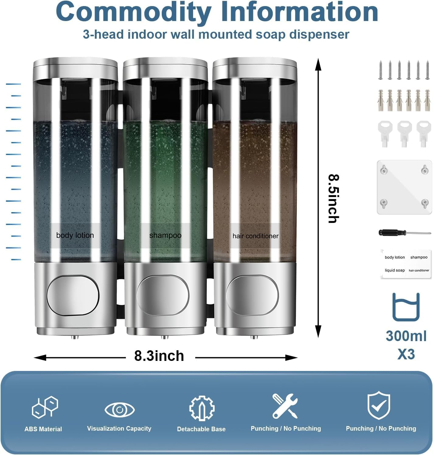 3-In-1 Shampoo and Conditioner Dispenser, 3 Chamber No Drill Wall-Mounted Shower Soap Dispenser for Bathroom Hotel image number 2